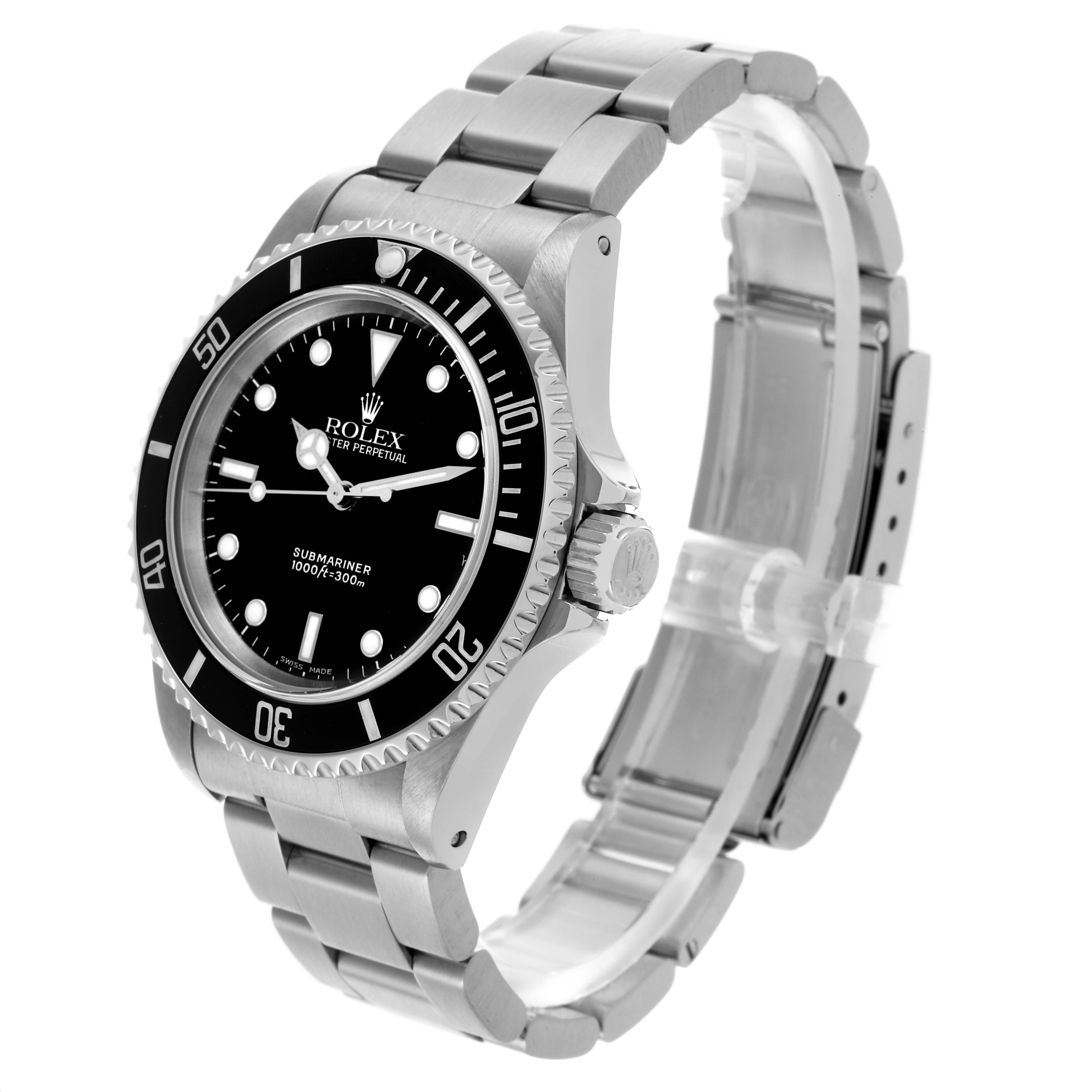 The Rolex Submariner 14060 Men
s Stainless Steel Black Dial 14060 Men
s Stainless Steel Black Dial watch is shown at an angled side view displaying the bezel, crown, dial, and bracelet.