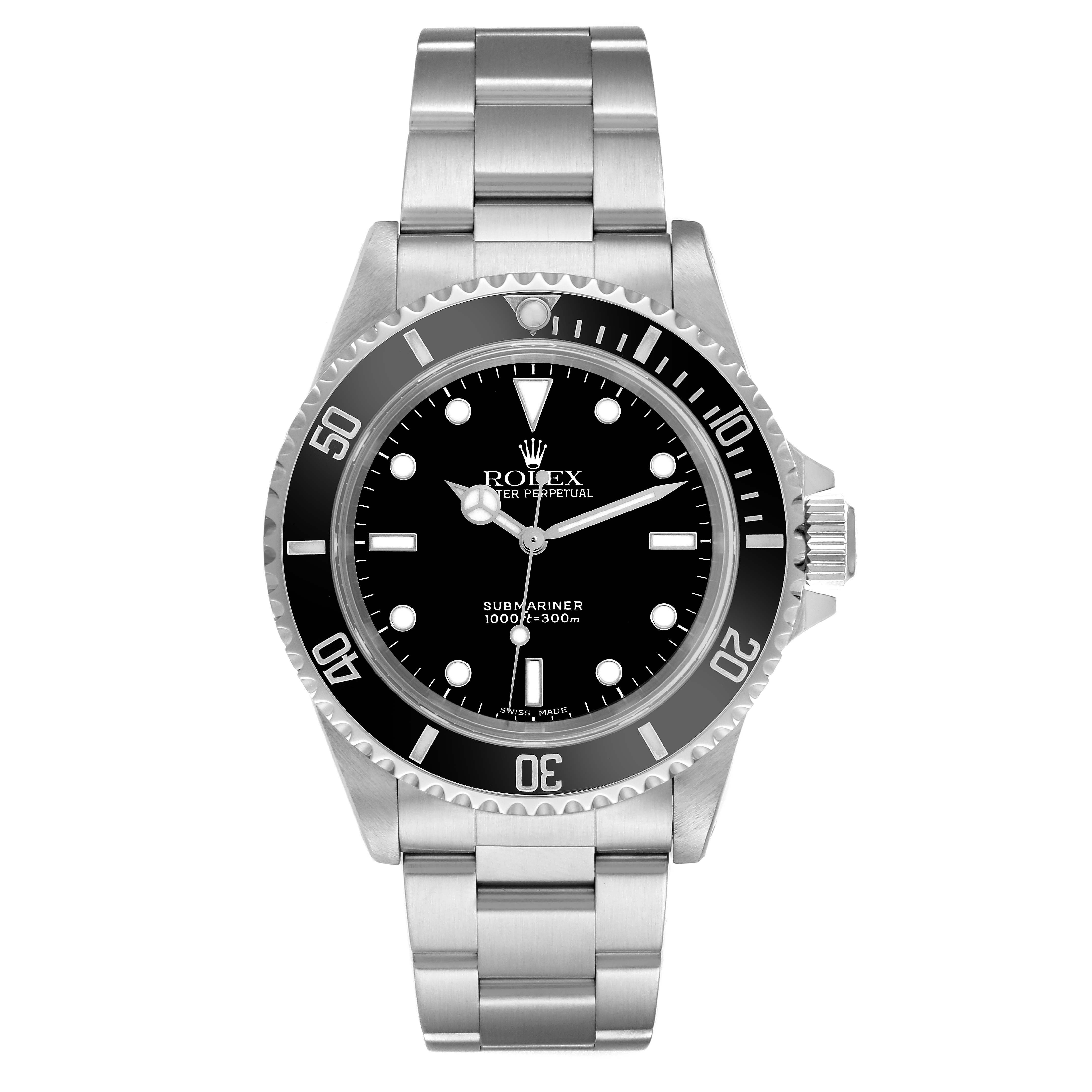The Rolex Submariner 14060 Men
s Stainless Steel Black Dial 14060 Men
s Stainless Steel Black Dial watch is shown from the front, displaying the face, bezel, crown, and full bracelet.