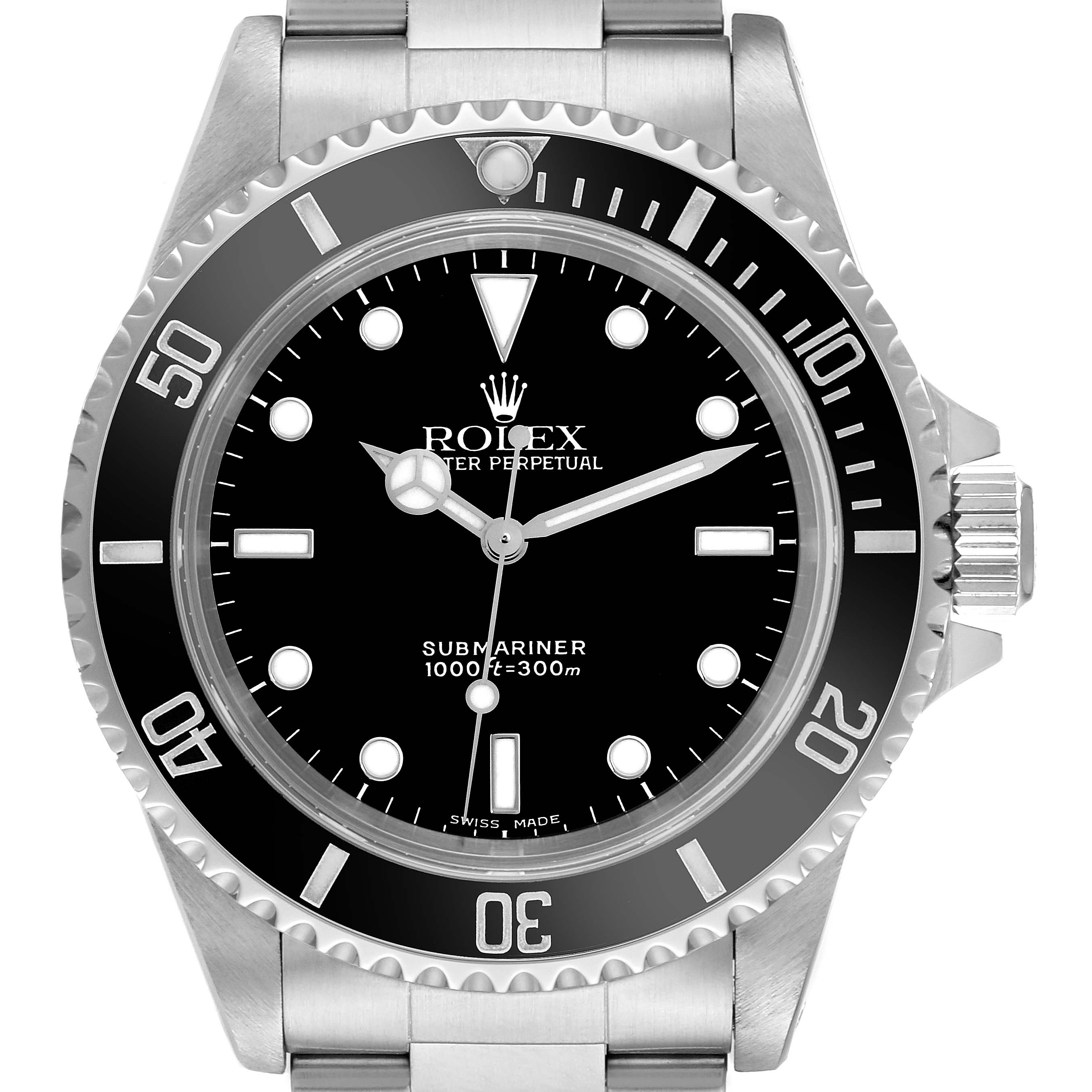 The Rolex Submariner 14060 Men
s Stainless Steel Black Dial 14060 Men
s Stainless Steel Black Dial watch is shown from a front angle, displaying the face, bezel, and part of the bracelet.