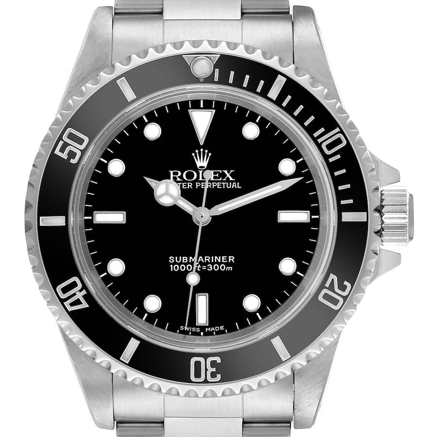 The Rolex Submariner watch is shown from a front angle, displaying the face, bezel, and part of the bracelet.