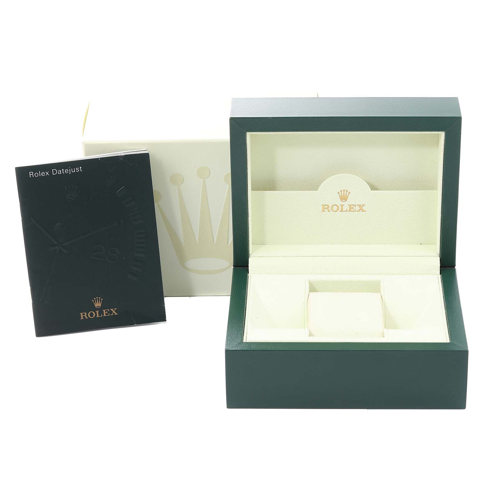 The image shows the packaging and manual of the Rolex Turn-o-Graph 116261 Men's Steel and Gold (two tone) Silver Dial 116261 Men's Steel and Gold (two tone) Silver Dial model, with an empty watch box and a booklet.