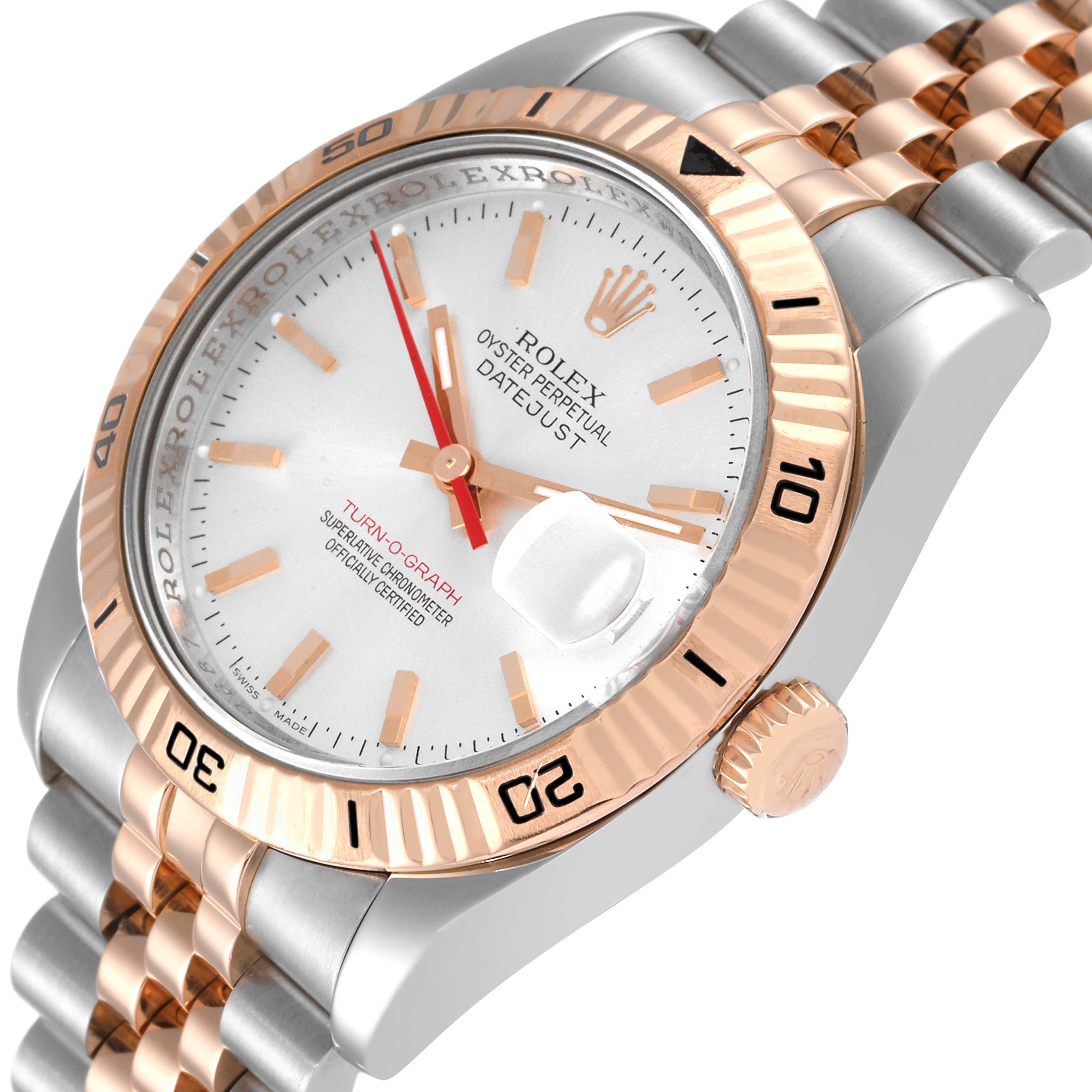 The image shows a Rolex Turn-o-Graph 116261 Men's Steel and Gold (two tone) Silver Dial 116261 Men's Steel and Gold (two tone) Silver Dial watch at a slight angle, highlighting its bezel, dial, hands, and bracelet.