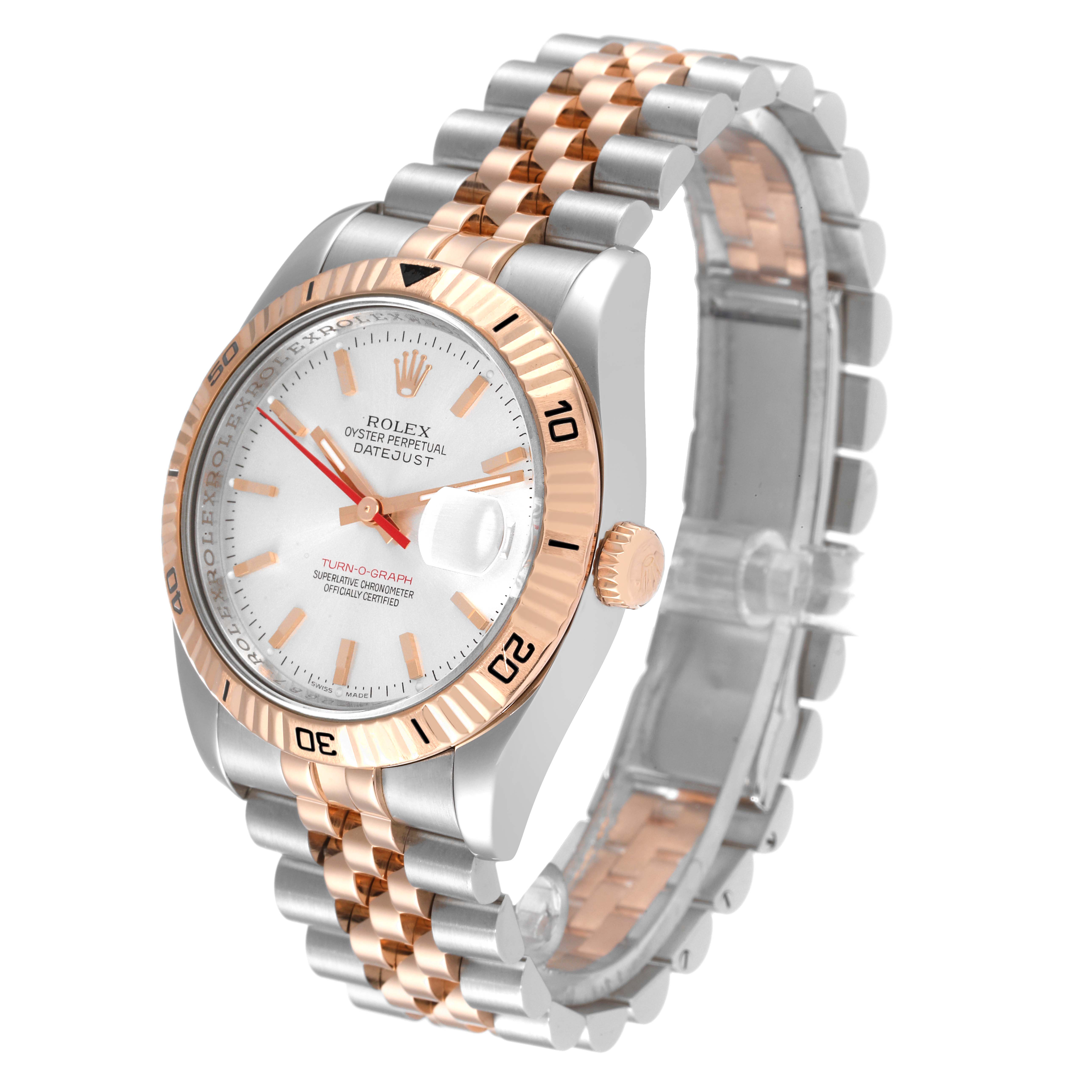 The image shows a Rolex Turn-o-Graph 116261 Men's Steel and Gold (two tone) Silver Dial 116261 Men's Steel and Gold (two tone) Silver Dial watch from an angled top-side view, highlighting the bezel, dial, and bracelet.