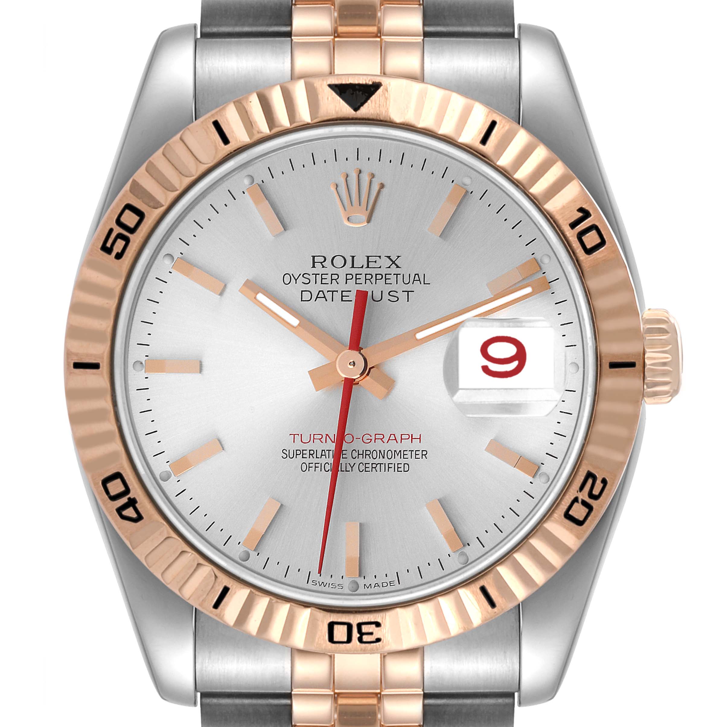The image shows a front view of a Rolex Turn-o-Graph 116261 Men's Steel and Gold (two tone) Silver Dial 116261 Men's Steel and Gold (two tone) Silver Dial watch, highlighting its dial, bezel, and part of the bracelet.