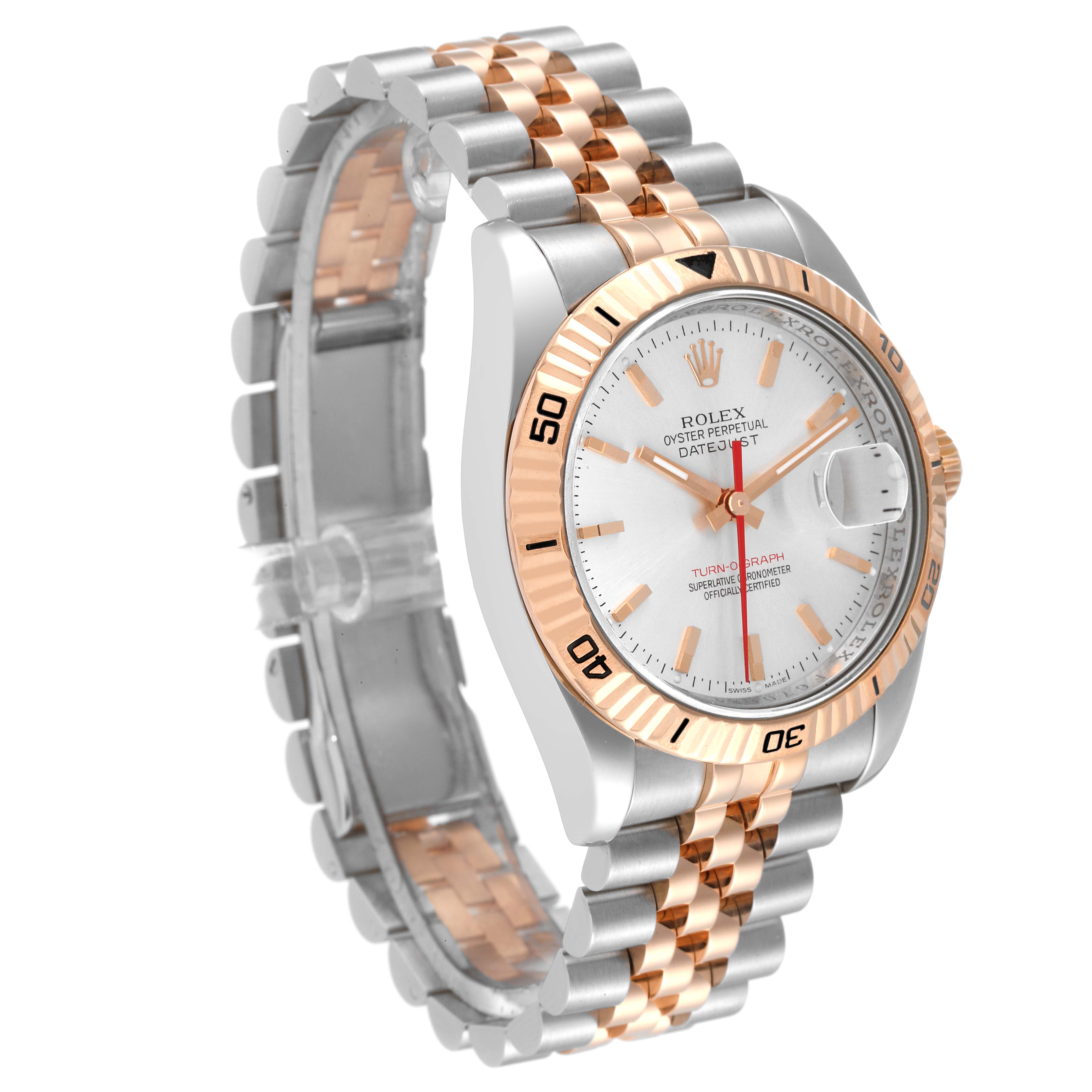 The Rolex Turn-o-Graph 116261 Men's Steel and Gold (two tone) Silver Dial 116261 Men's Steel and Gold (two tone) Silver Dial watch is shown at an angle displaying its face, bezel, and two-tone bracelet.