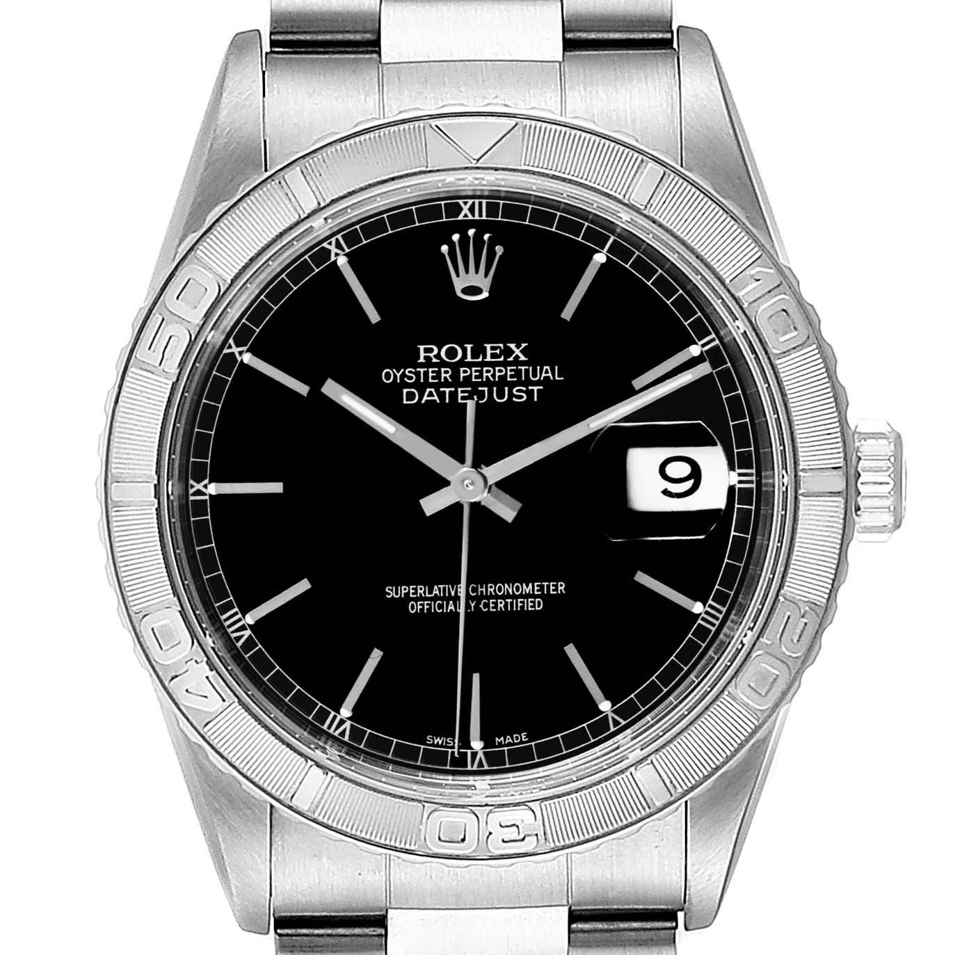 The image shows a Rolex Turn-o-Graph 16264 Men's Stainless Steel Black Dial 16264 Men's Stainless Steel Black Dial with a black dial, date window, and stainless steel case and bracelet, viewed from the front.