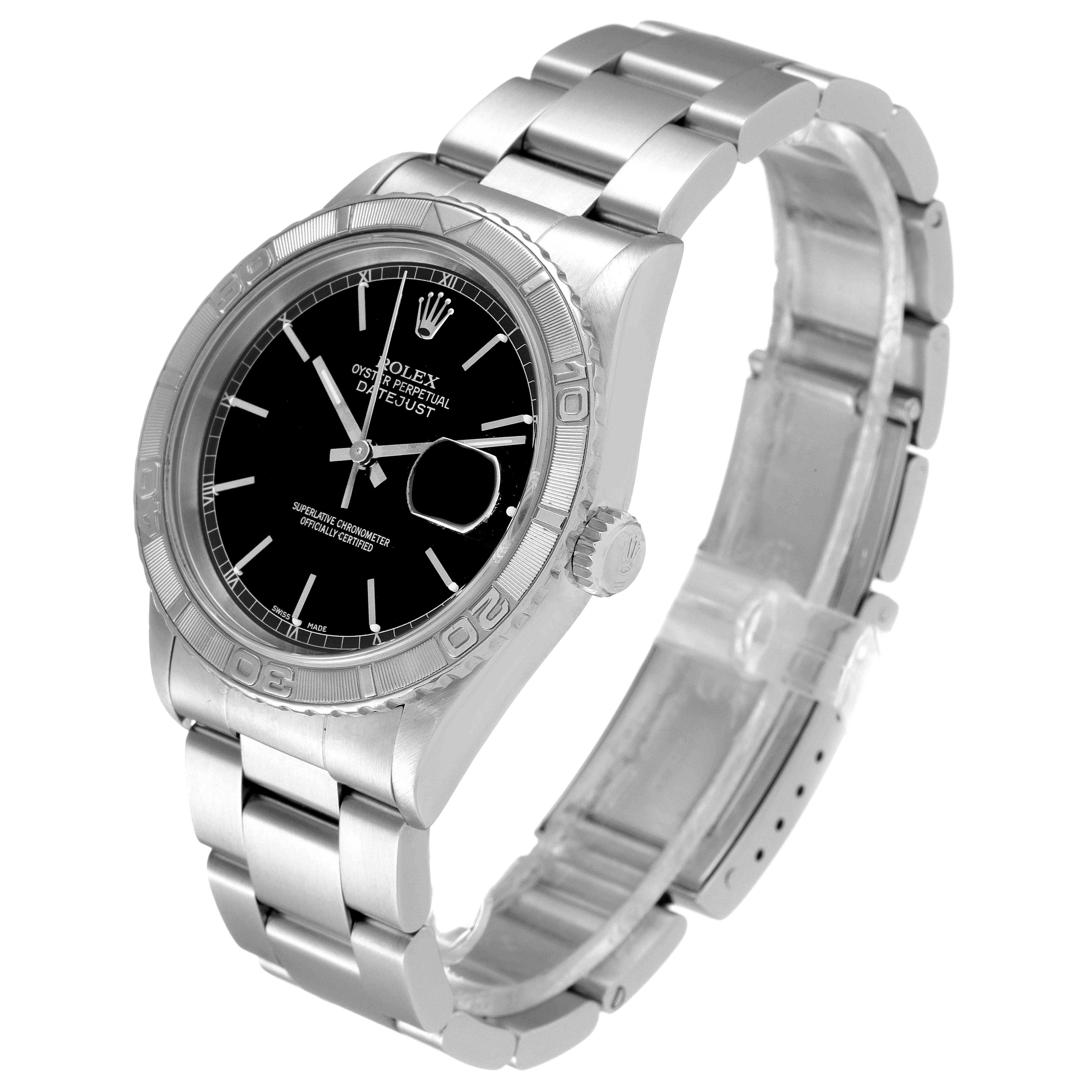 The Rolex Turn-o-Graph 16264 Men's Stainless Steel Black Dial 16264 Men's Stainless Steel Black Dial watch is shown at a three-quarter angle, displaying the dial, bezel, bracelet, and clasp.