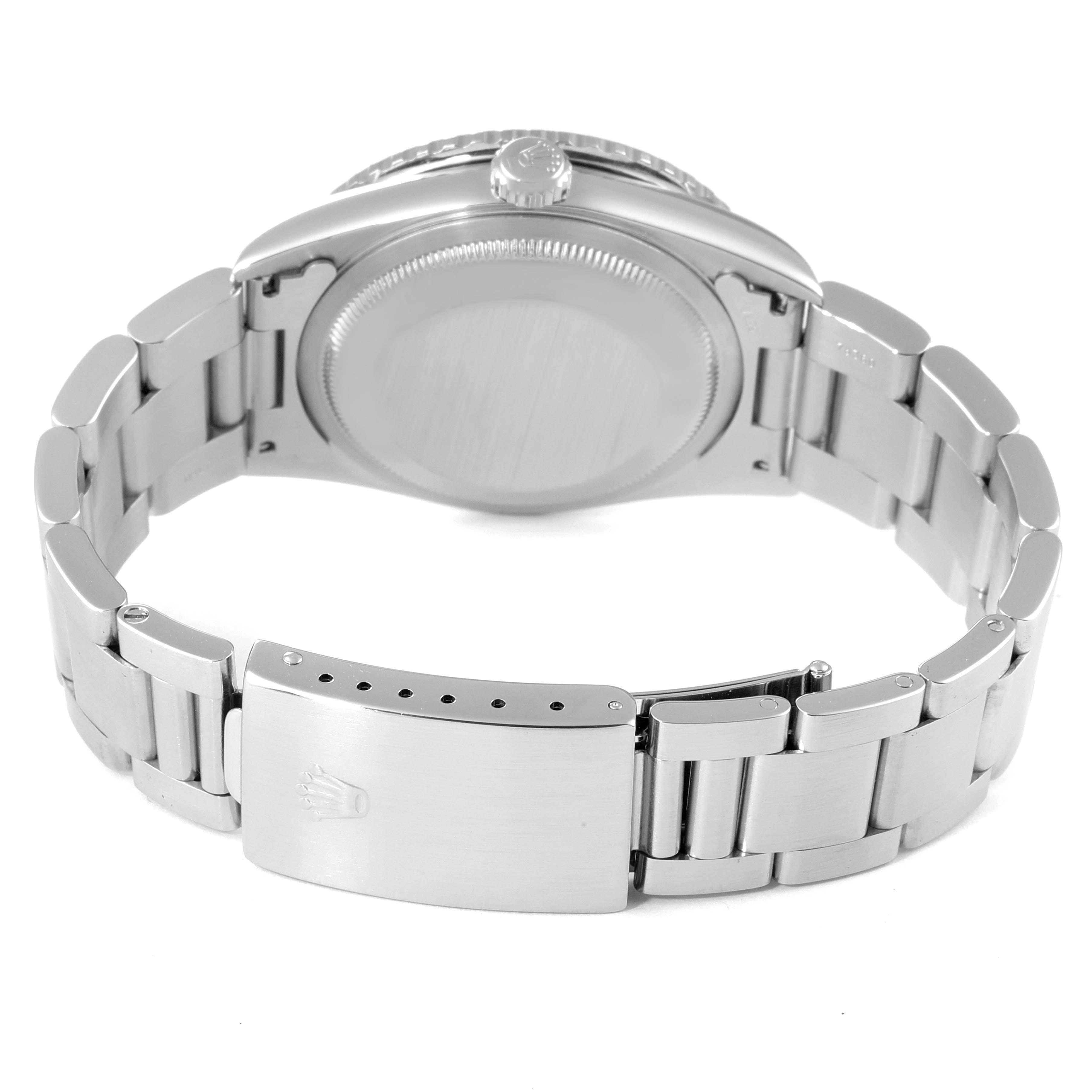 This image shows the back view of a Rolex Turn-o-Graph 16264 Men's Stainless Steel Black Dial 16264 Men's Stainless Steel Black Dial watch, highlighting its clasp, bracelet, and case back.