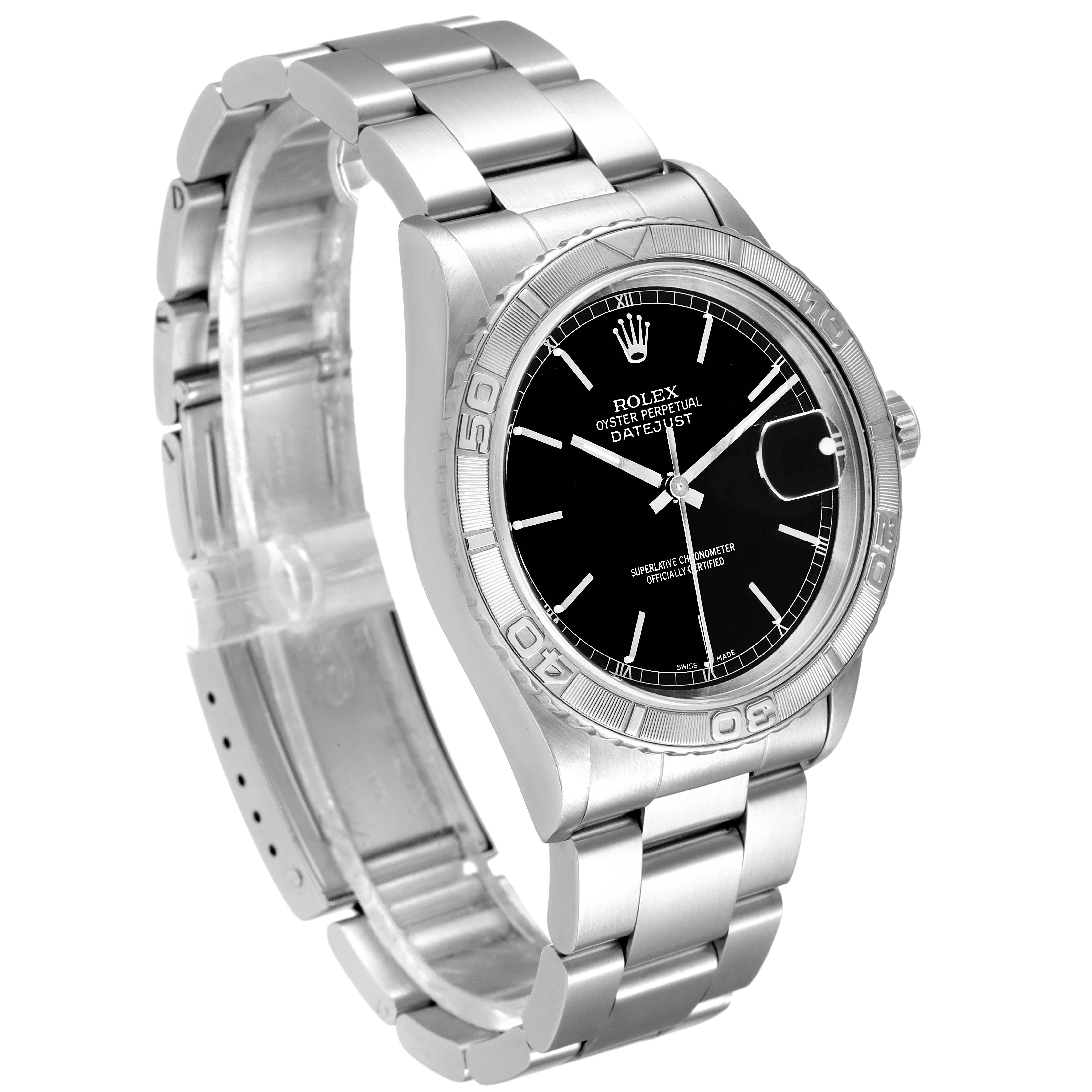 The image shows a Rolex Turn-o-Graph 16264 Men's Stainless Steel Black Dial 16264 Men's Stainless Steel Black Dial watch taken from a front-side angle, displaying the dial, bezel, and bracelet.