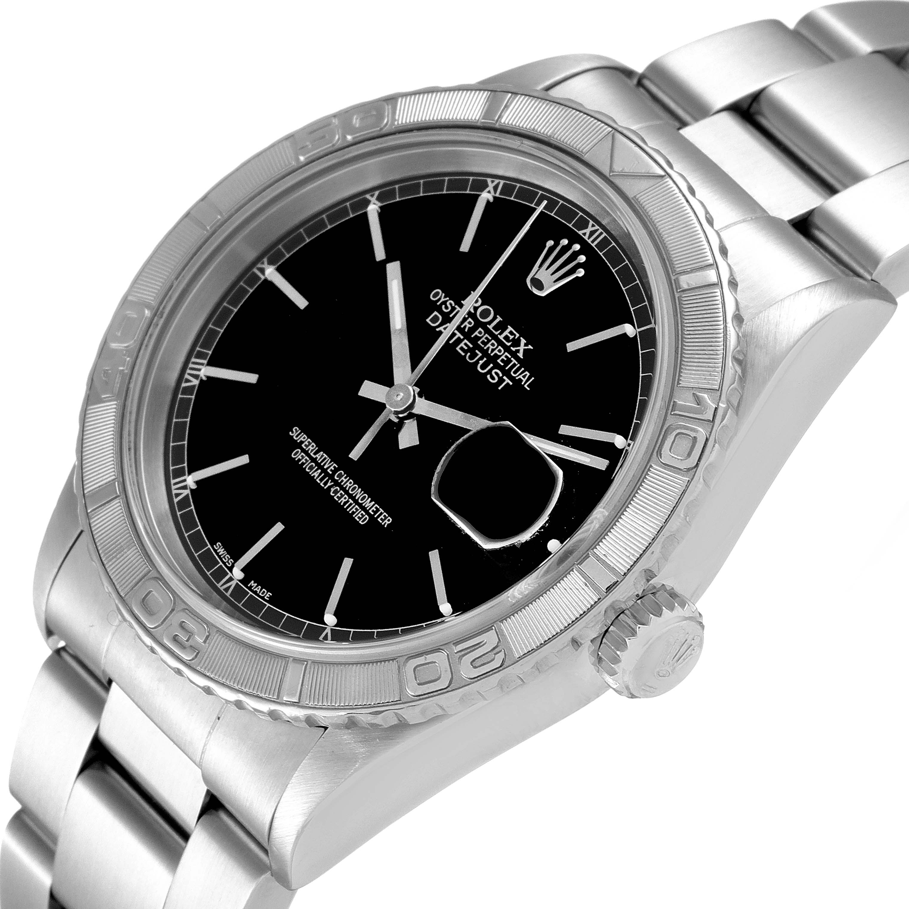 This image shows a Rolex Turn-o-Graph 16264 Men's Stainless Steel Black Dial 16264 Men's Stainless Steel Black Dial watch from an angled top view, displaying the dial, bezel, crown, and bracelet.
