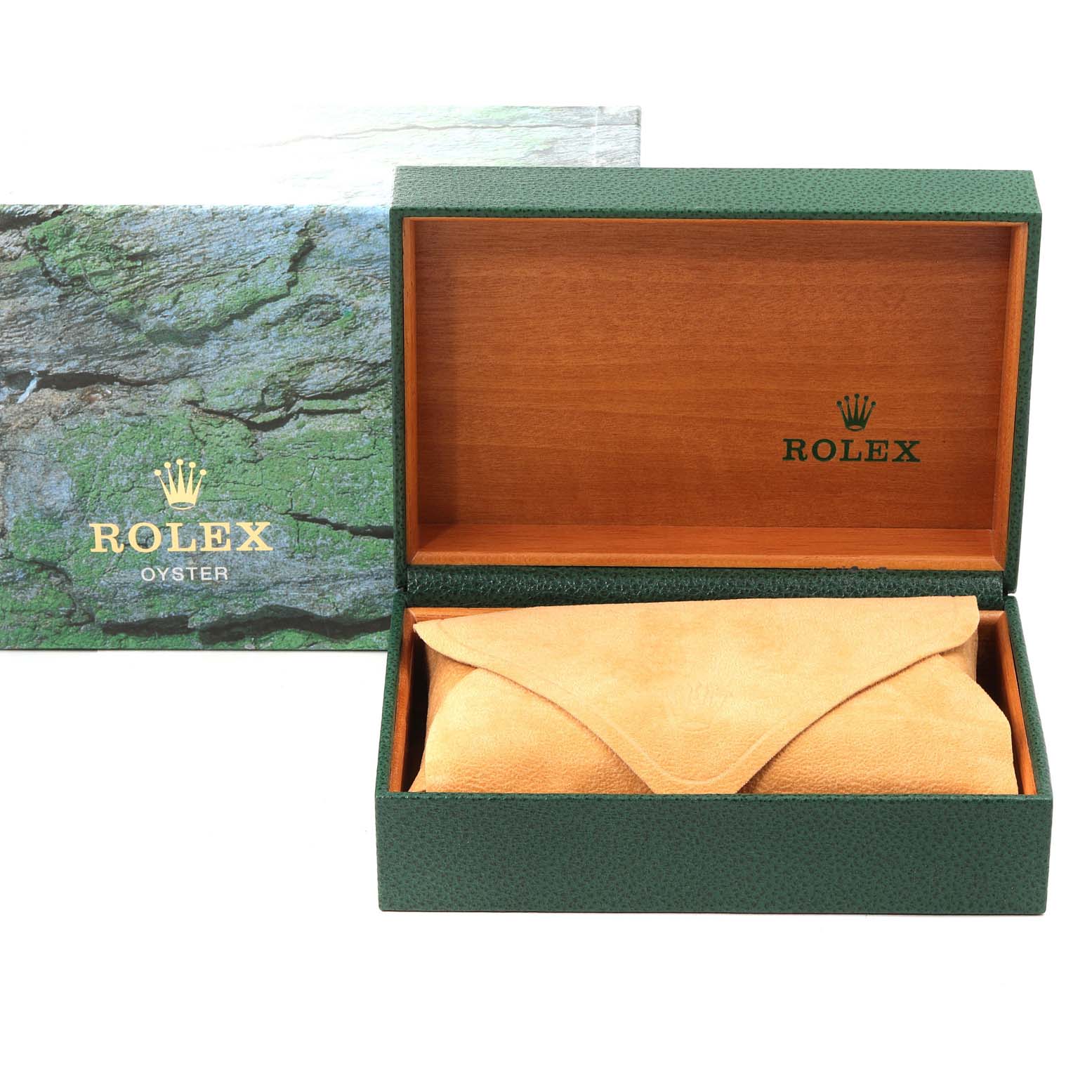 The image shows an open Rolex Turn-o-Graph 16264 Men's Stainless Steel Black Dial 16264 Men's Stainless Steel Black Dial watch box with a beige pouch inside and the outer box featuring the Rolex logo.