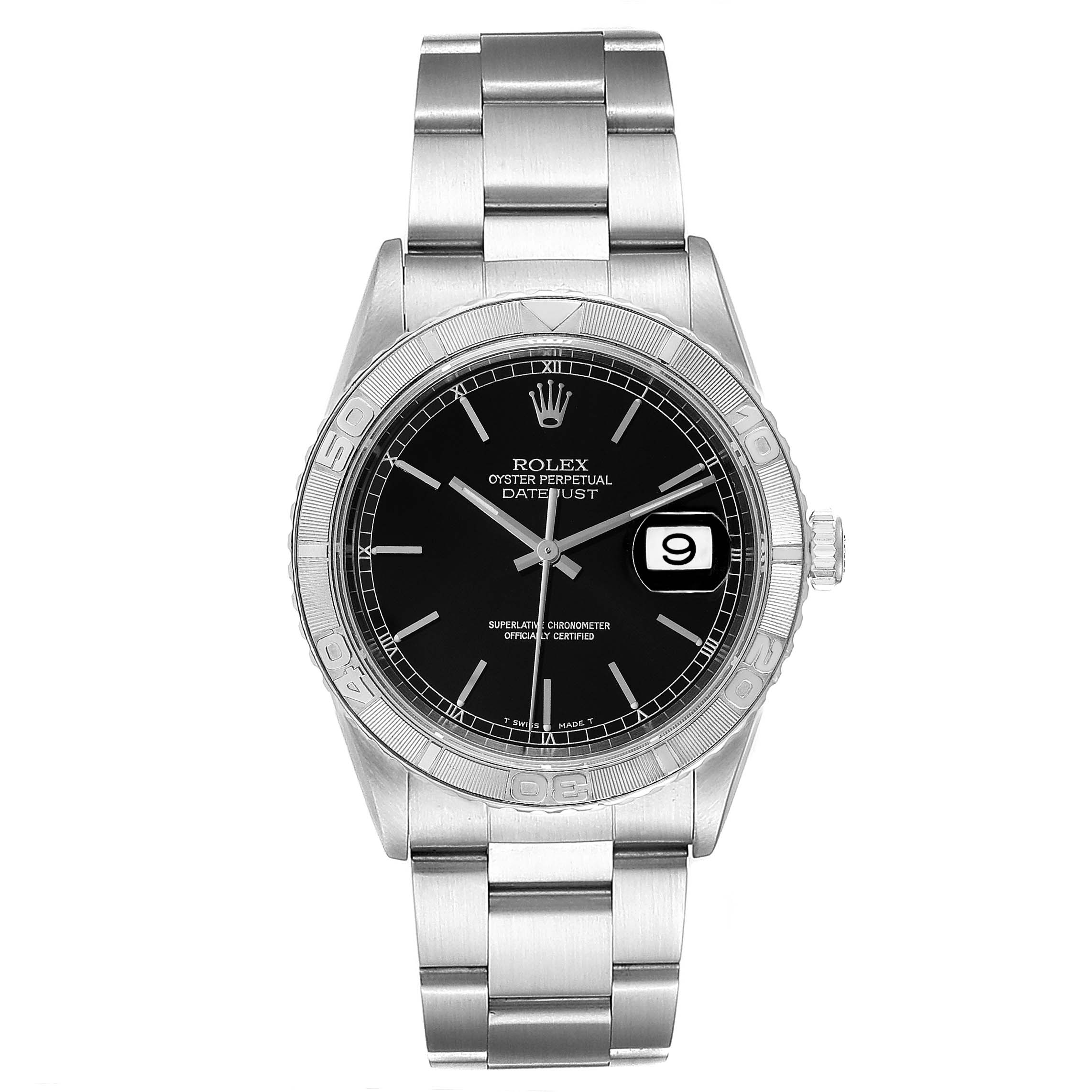 The image shows a front/straight-on view of the Rolex Turn-o-Graph 16264 Men's Stainless Steel Black Dial 16264 Men's Stainless Steel Black Dial watch, featuring its dial, bezel, and bracelet.