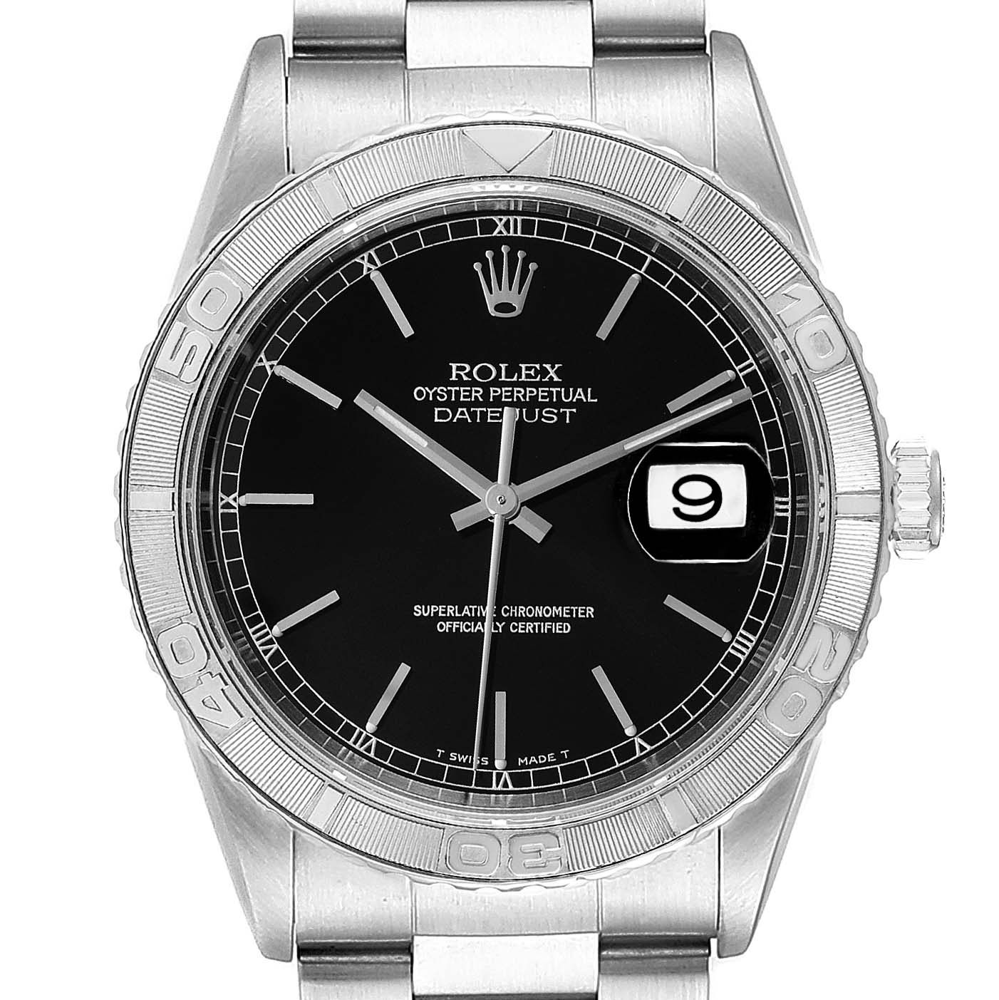 This image shows a frontal view of the Rolex Turn-o-Graph 16264 Men's Stainless Steel Black Dial 16264 Men's Stainless Steel Black Dial model, highlighting the dial, bezel, and bracelet.