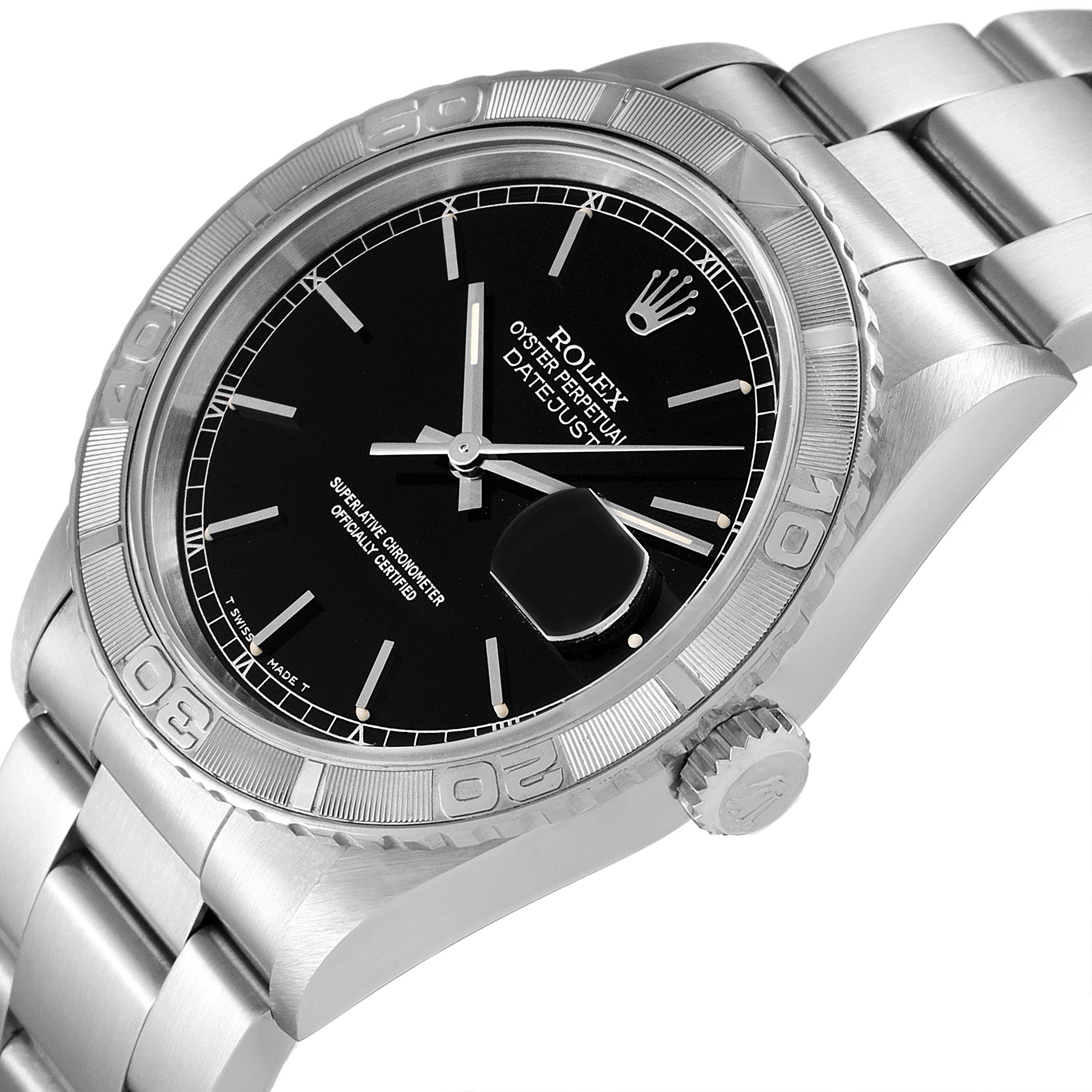 The Rolex Turn-o-Graph 16264 Men's Stainless Steel Black Dial 16264 Men's Stainless Steel Black Dial watch is shown at a tilted angle, highlighting its bezel, dial, bracelet, and crown.
