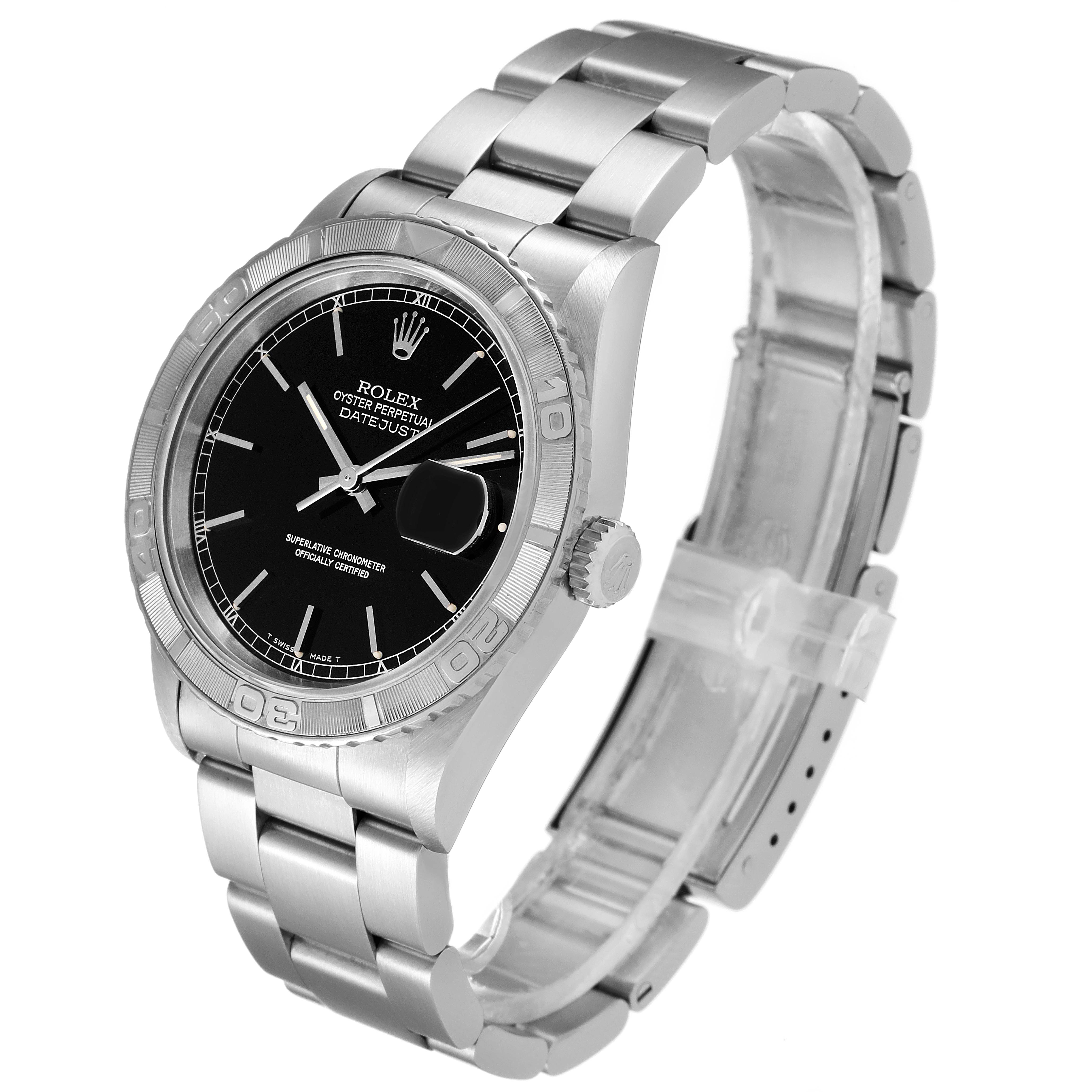 The image shows a Rolex Turn-o-Graph 16264 Men's Stainless Steel Black Dial 16264 Men's Stainless Steel Black Dial watch at a 3/4 angle, highlighting the bezel, crown, dial, and bracelet.