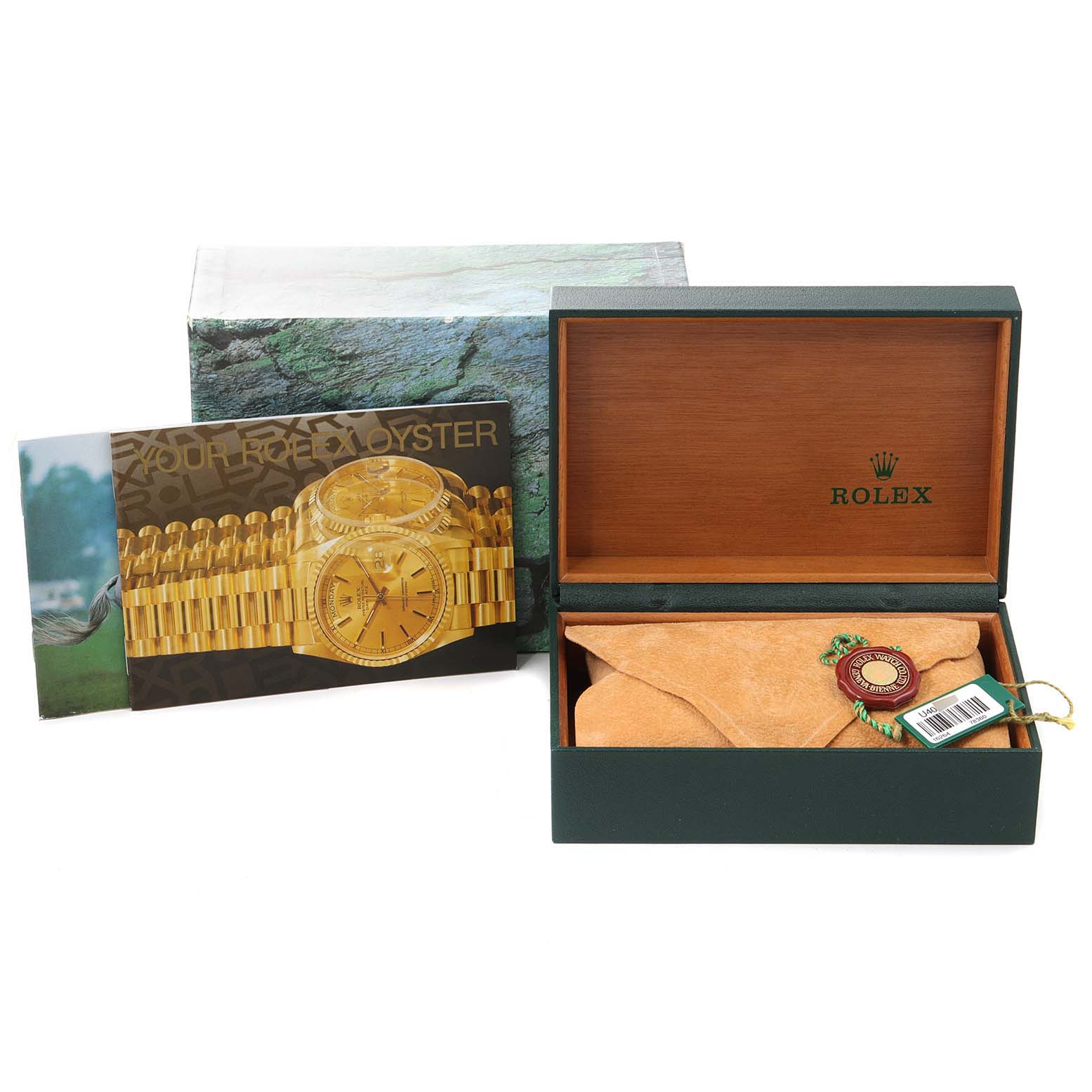 The image shows the packaging and accessories for a Rolex Turn-o-Graph 16264 Men's Stainless Steel Black Dial 16264 Men's Stainless Steel Black Dial model, including a box, booklet, and tag.