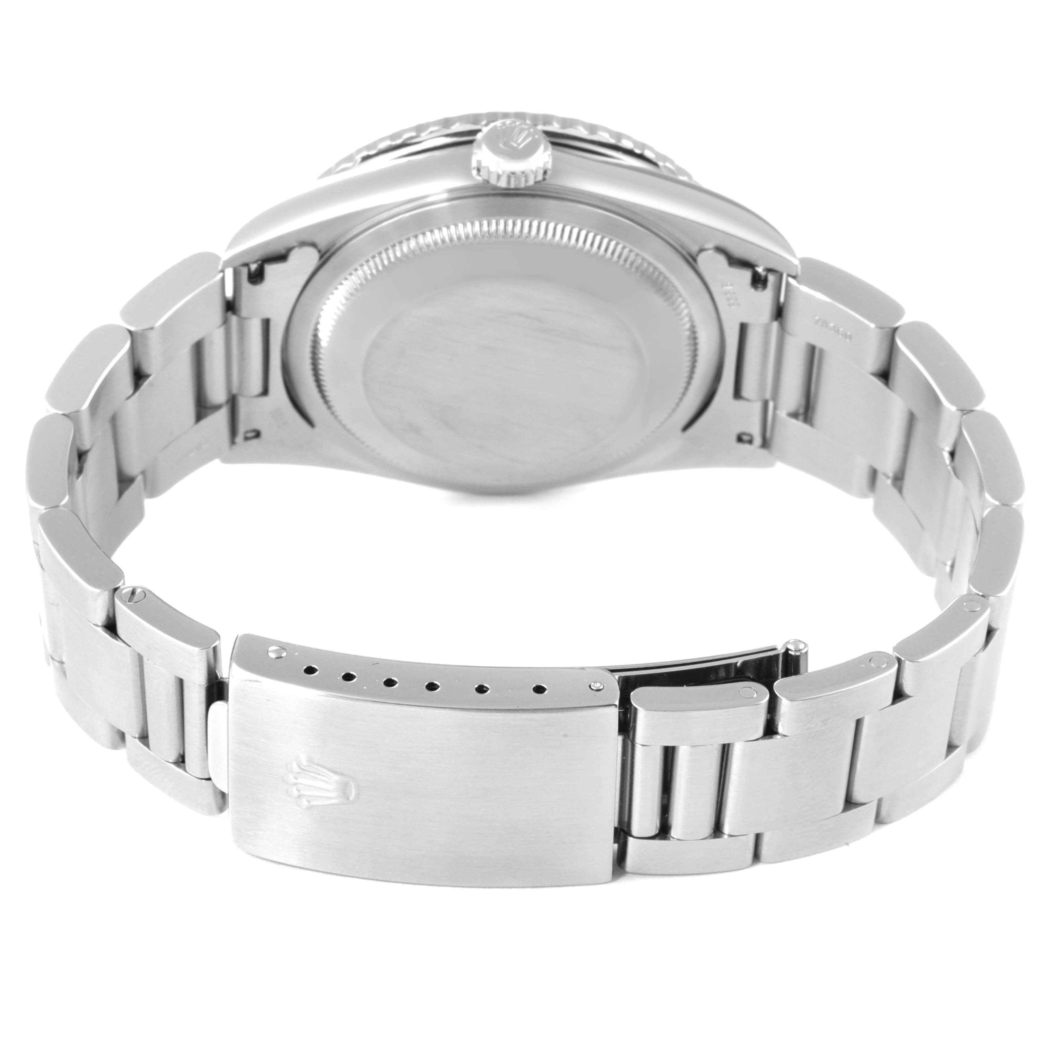 The image shows the back view of the Rolex Turn-o-Graph 16264 Men's Stainless Steel White Dial 16264 Men's Stainless Steel White Dial watch, highlighting the case, crown, and metal bracelet with clasp.