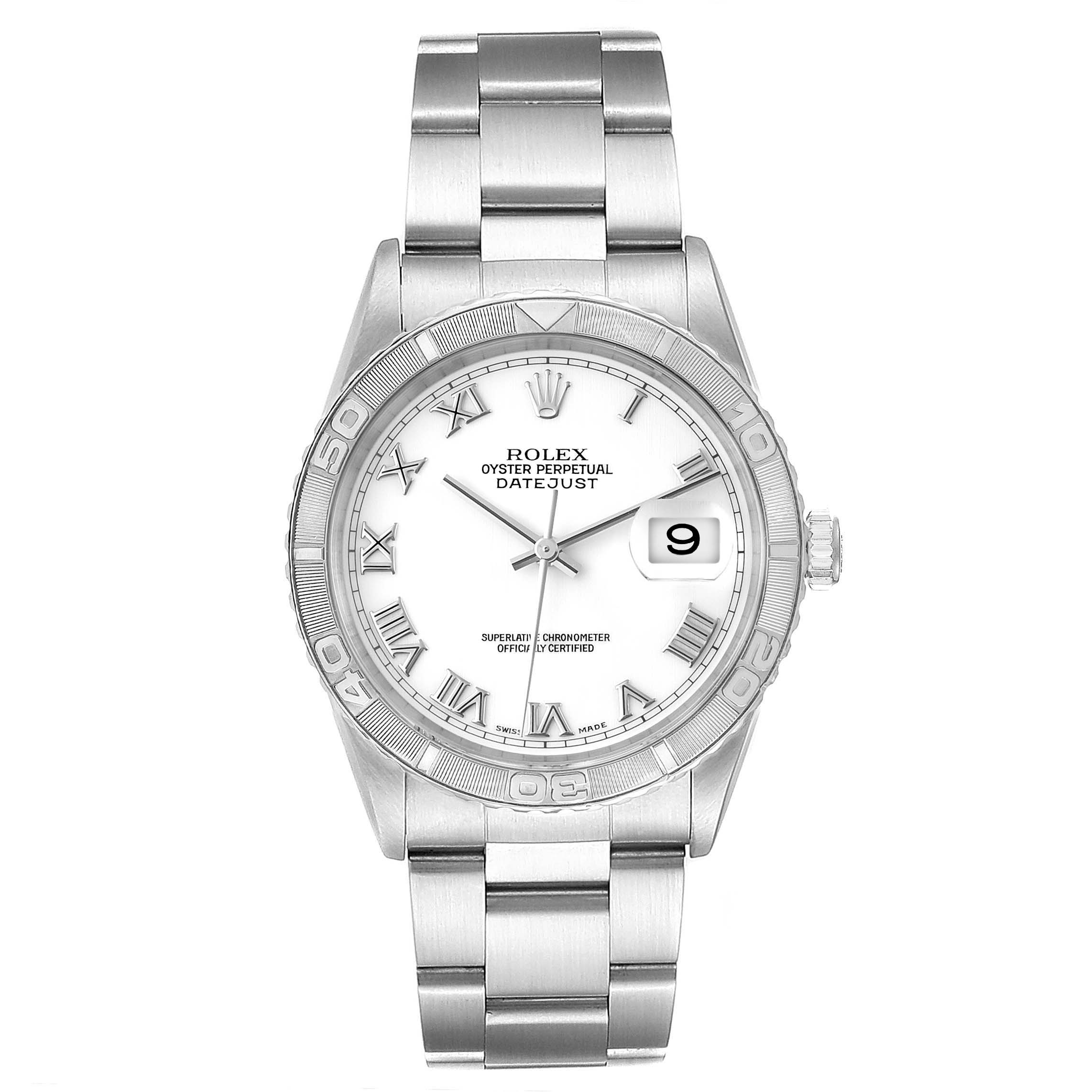 The image displays a Rolex Turn-o-Graph 16264 Men's Stainless Steel White Dial 16264 Men's Stainless Steel White Dial watch from a front angle, showcasing the dial, bezel, and bracelet.