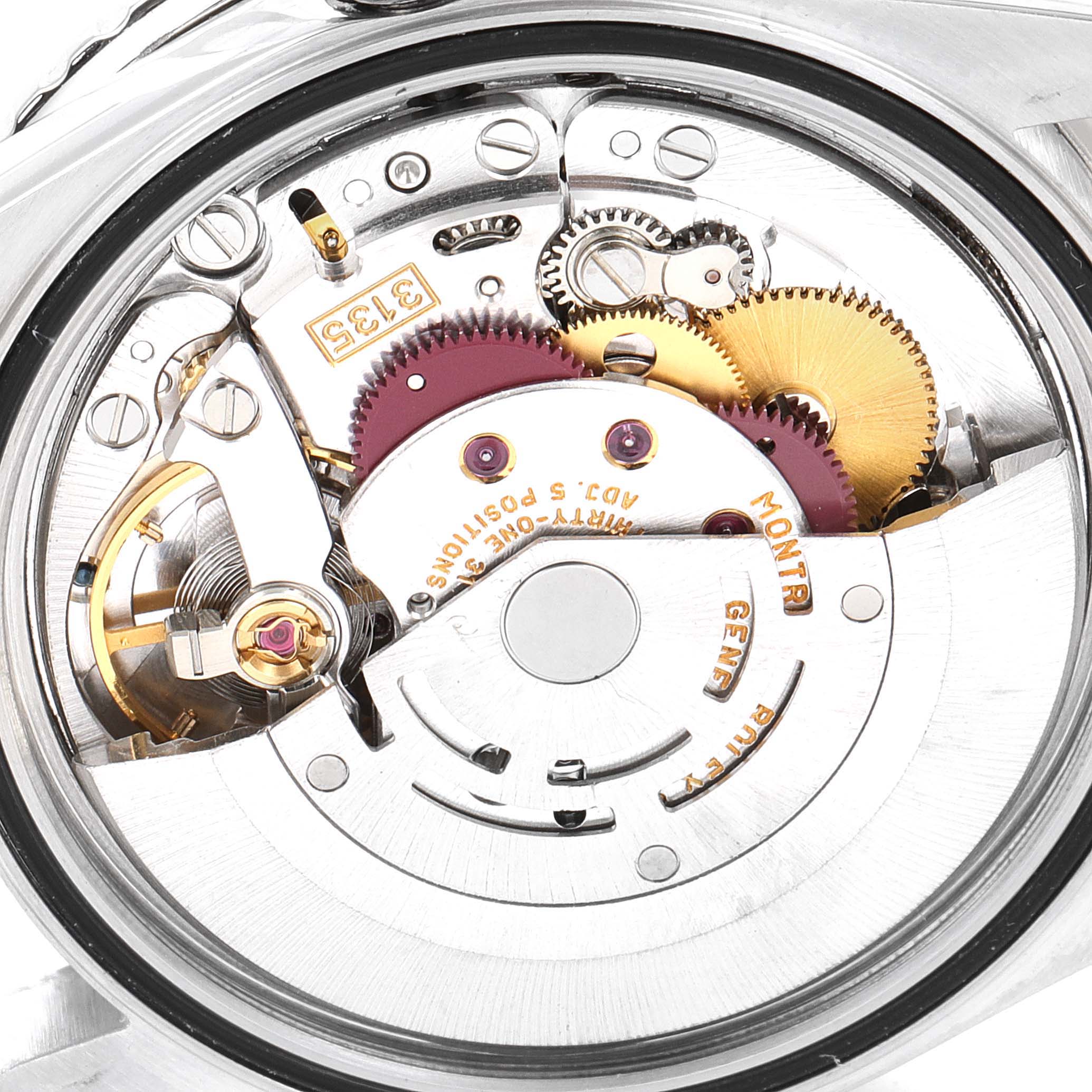 The image shows the inner mechanism and gears of the Rolex Turn-o-Graph 16264 Men's Stainless Steel White Dial 16264 Men's Stainless Steel White Dial watch from a close-up angle.