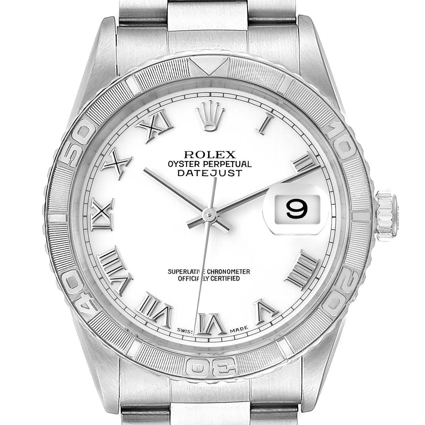 The image shows a Rolex Turn-o-Graph 16264 Men's Stainless Steel White Dial 16264 Men's Stainless Steel White Dial watch from a frontal angle, highlighting the bezel, dial, date window, and part of the bracelet.