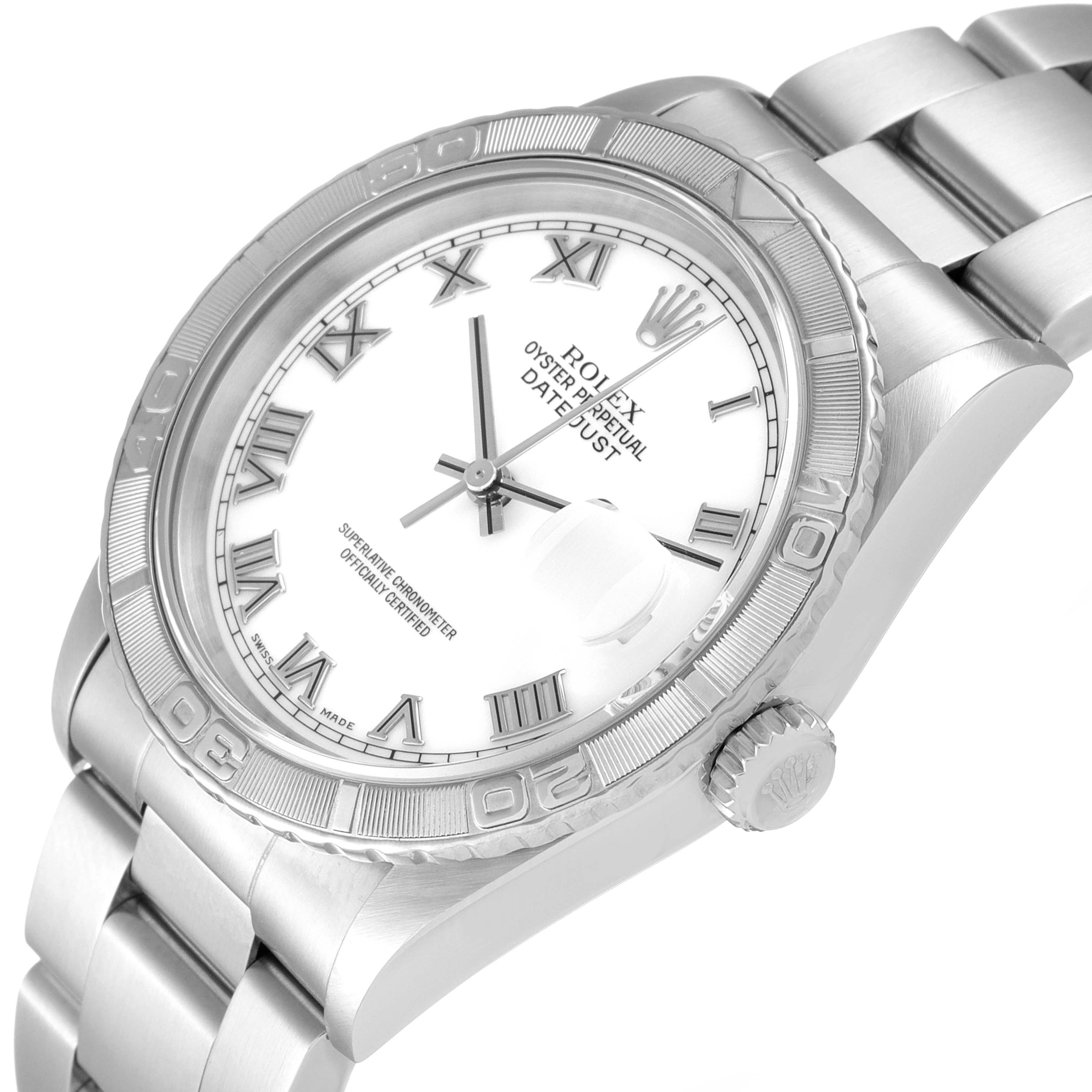 This image shows a close-up side angle of the Rolex Turn-o-Graph 16264 Men's Stainless Steel White Dial 16264 Men's Stainless Steel White Dial model, highlighting the dial, bezel, and part of the bracelet.