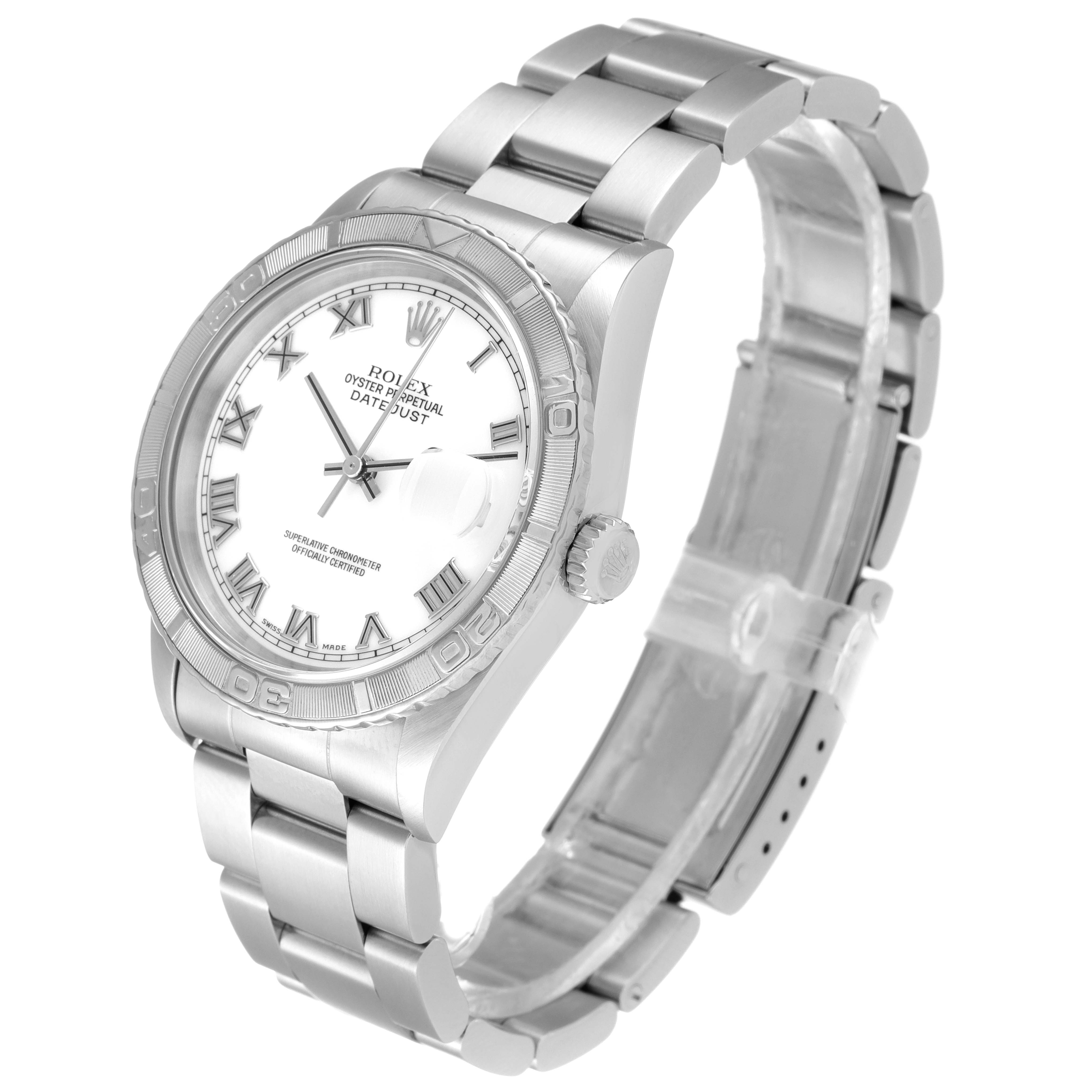 This image shows a Rolex Turn-o-Graph 16264 Men's Stainless Steel White Dial 16264 Men's Stainless Steel White Dial watch at a side angle, highlighting the bezel, dial, bracelet, and clasp.