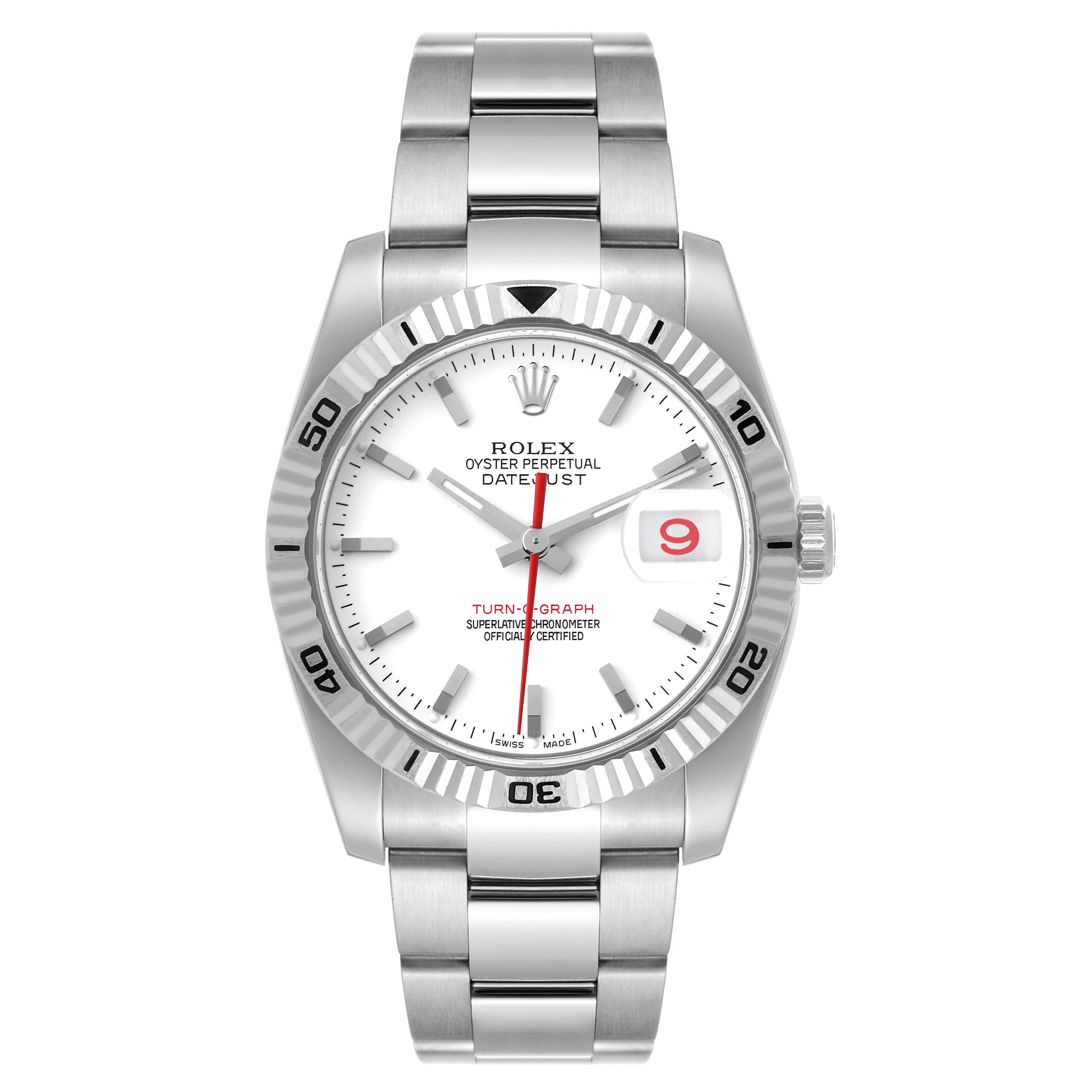 This image shows a front view of the Rolex Turn-o-Graph 116264 Men's Stainless Steel White Dial 116264 Men's Stainless Steel White Dial watch, highlighting the face, bezel, and bracelet.
