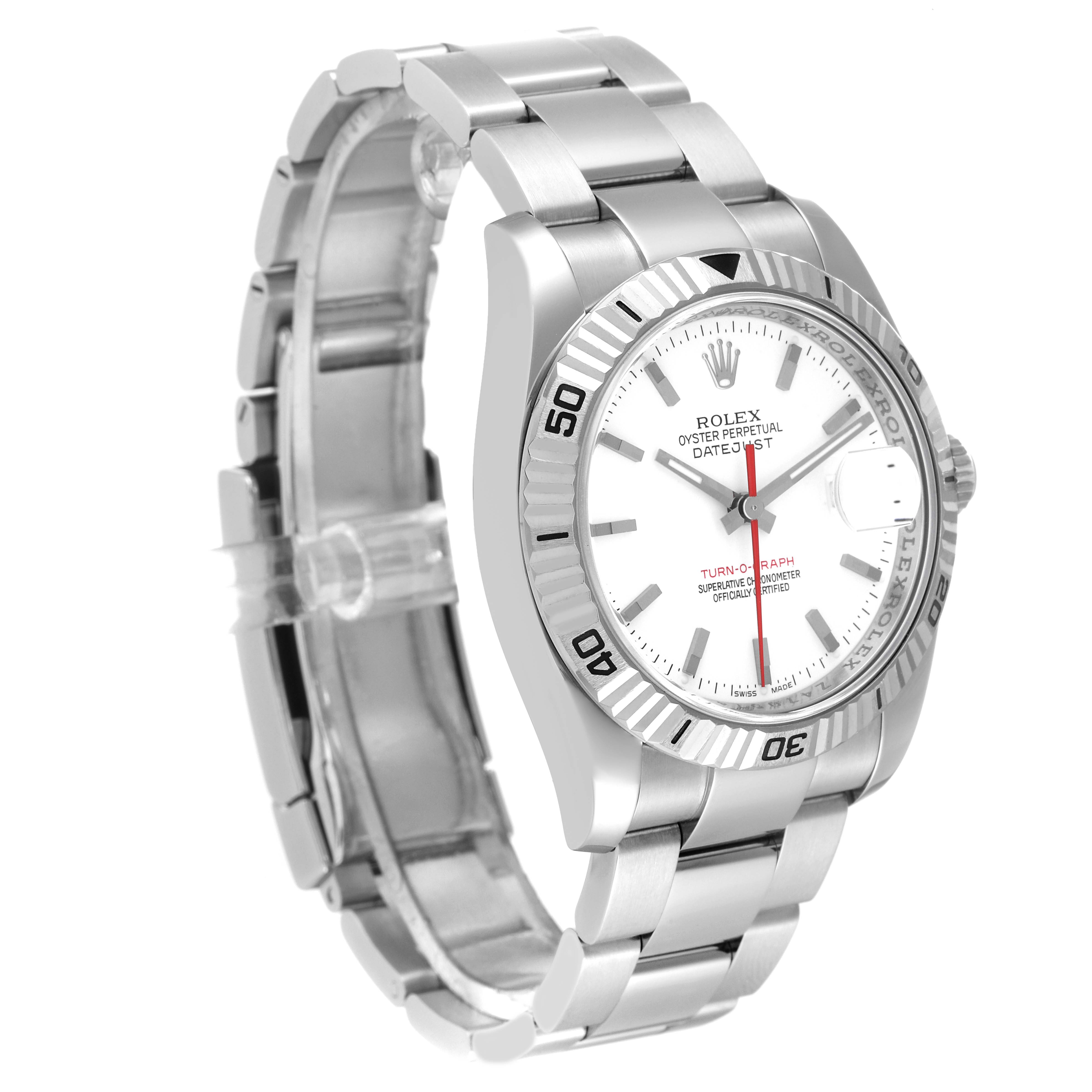 The image shows a Rolex Turn-o-Graph 116264 Men's Stainless Steel White Dial 116264 Men's Stainless Steel White Dial watch angled from the front-left side, highlighting its face, bezel, and band.