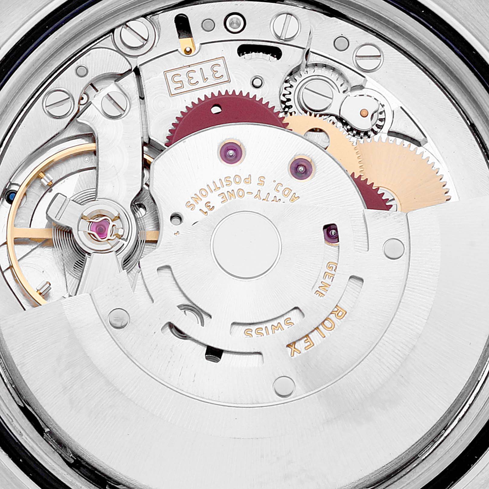 The image shows a close-up of the internal movement mechanism of a Rolex Turn-o-Graph 116264 Men's Stainless Steel White Dial 116264 Men's Stainless Steel White Dial watch, including gears and components.
