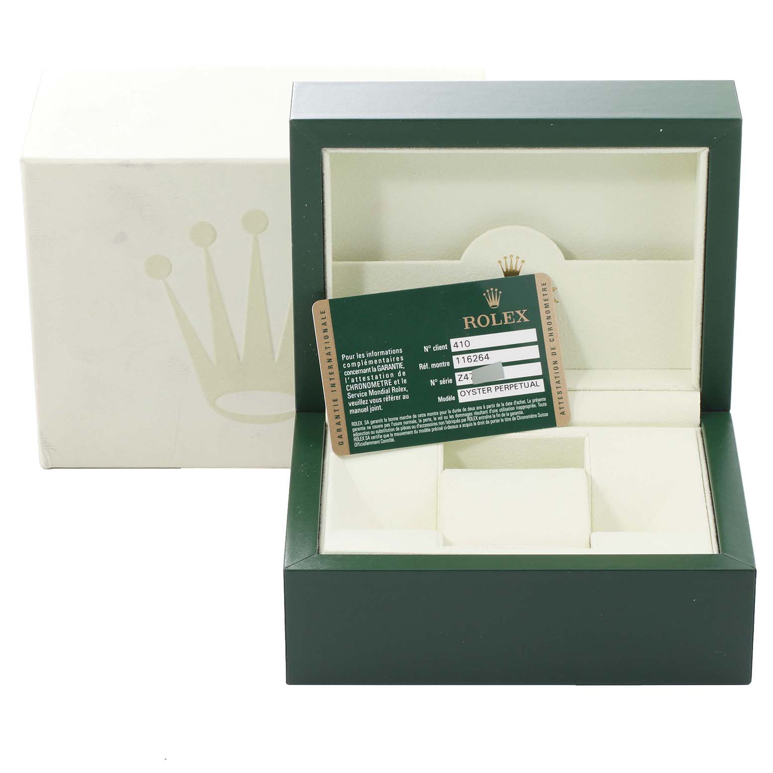 The image shows the box and certification card for a Rolex Turn-o-Graph 116264 Men's Stainless Steel White Dial 116264 Men's Stainless Steel White Dial watch, with the box open and empty.