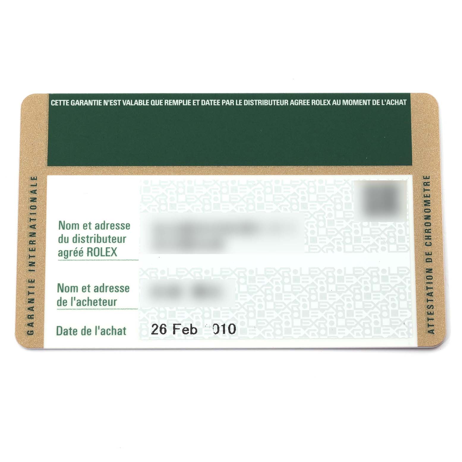 The image shows a warranty card for a Rolex Turn-o-Graph 116264 Men's Stainless Steel White Dial 116264 Men's Stainless Steel White Dial watch, with details filled out.