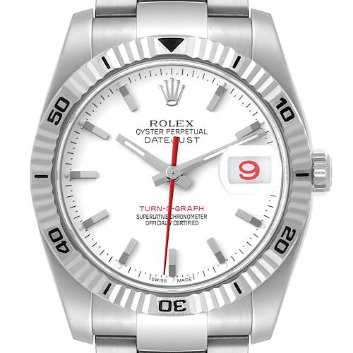 Photo of Rolex Turnograph Steel White Gold Bezel White Dial Mens Watch 116264 Box Card