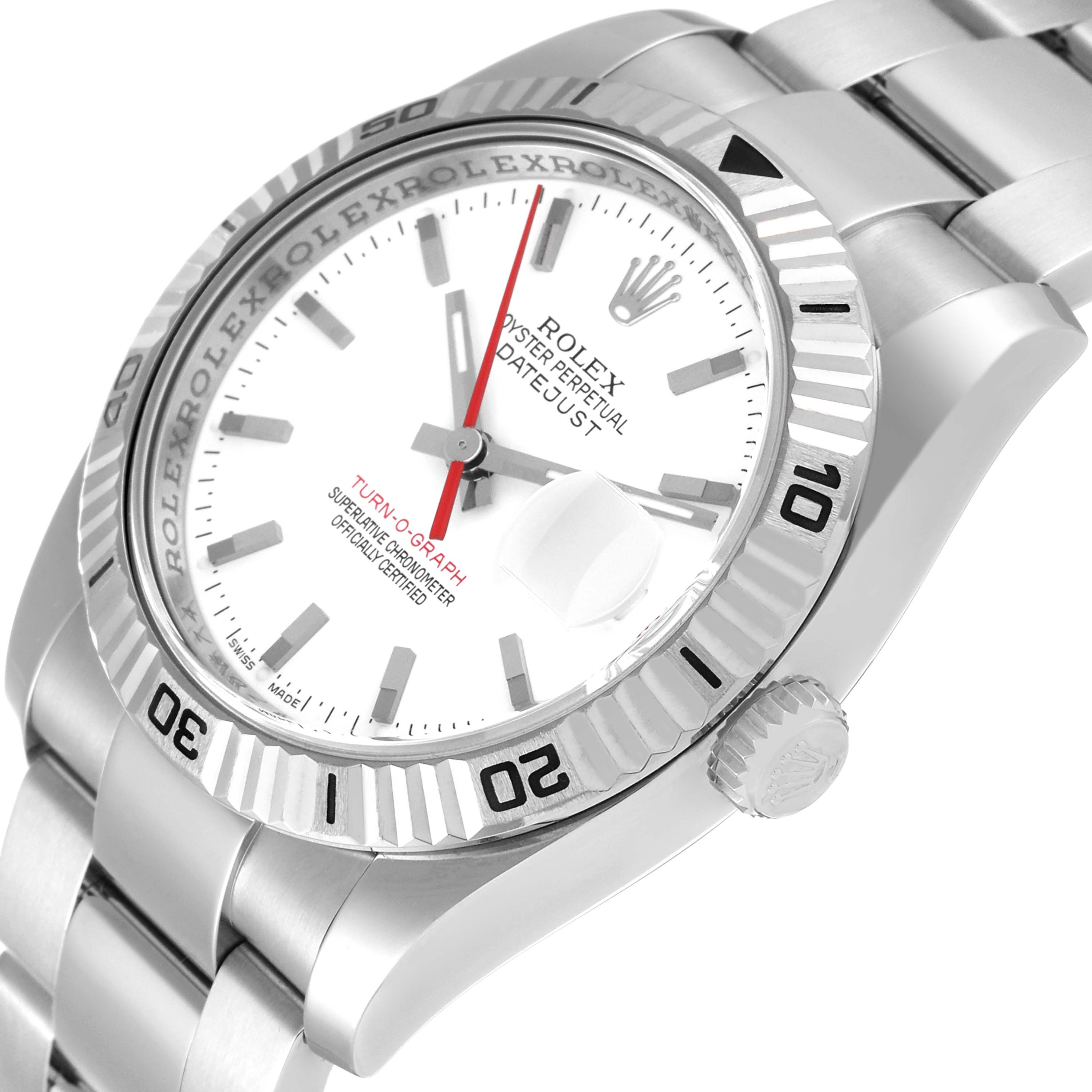 The Rolex Turn-o-Graph 116264 Men's Stainless Steel White Dial 116264 Men's Stainless Steel White Dial watch is shown at an angle highlighting its dial, bezel, crown, and part of the bracelet.