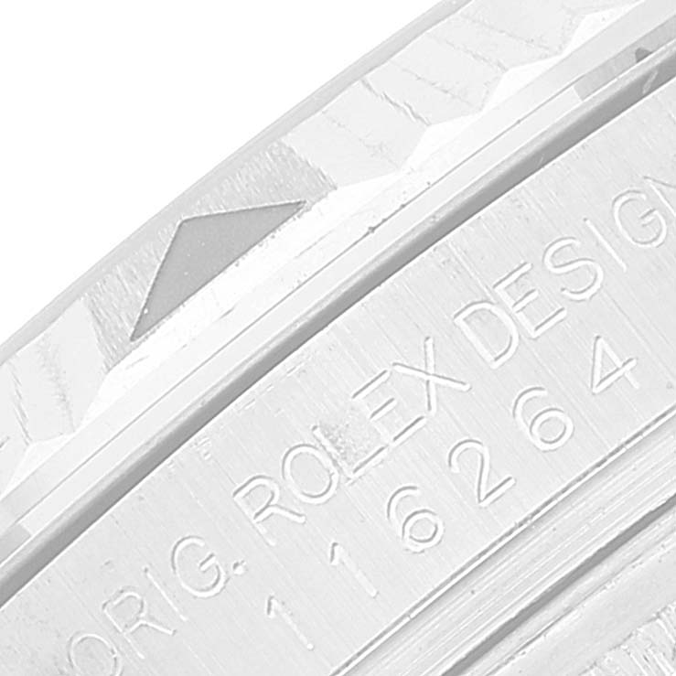 This image shows a close-up of the engraved edge of a Rolex Turn-o-Graph 116264 Men's Stainless Steel White Dial 116264 Men's Stainless Steel White Dial watch, focusing on the model number and design details.