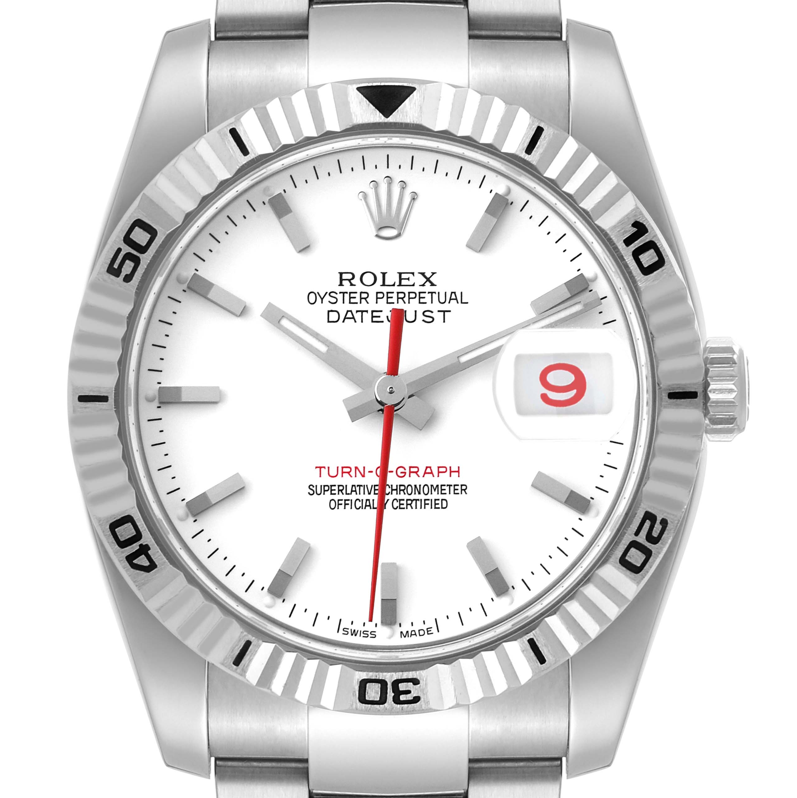 The image shows a front view of the Rolex Turn-o-Graph 116264 Men's Stainless Steel White Dial 116264 Men's Stainless Steel White Dial watch, highlighting the dial, bezel, and bracelet.