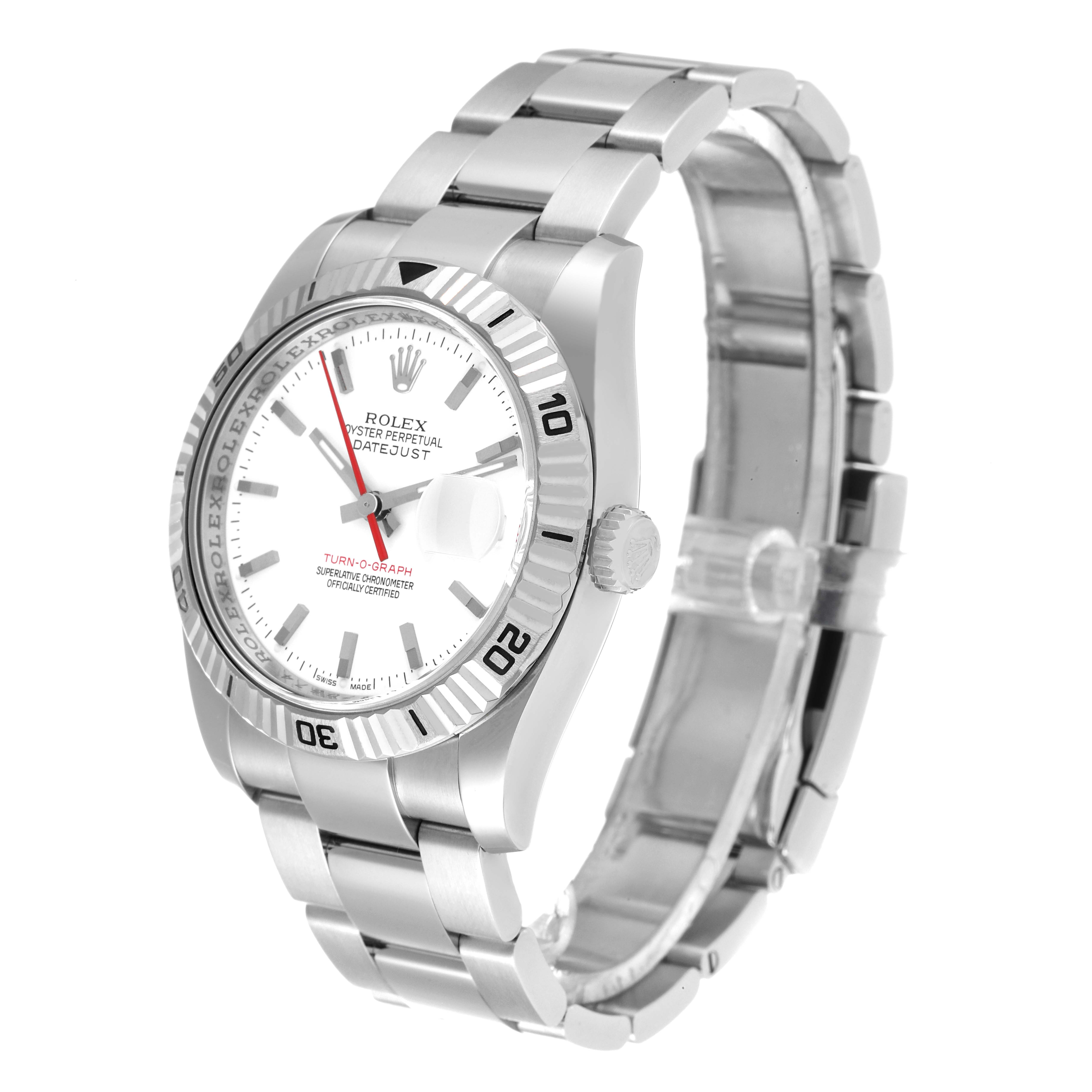 This image shows the Rolex Turn-o-Graph 116264 Men's Stainless Steel White Dial 116264 Men's Stainless Steel White Dial model watch from a three-quarter angle, highlighting the face and bracelet.