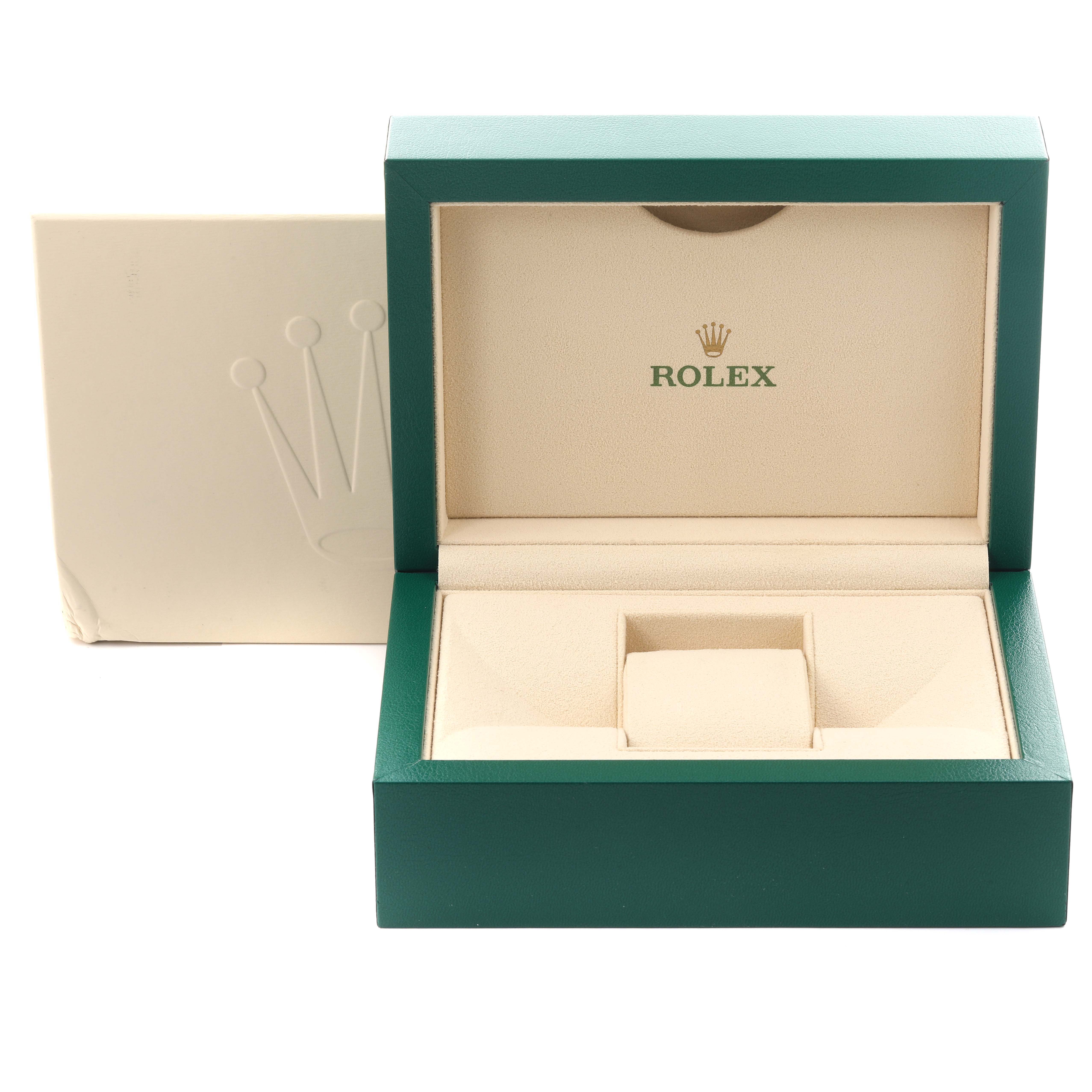 The image shows an open Rolex Yacht-Master 226658 Men's Yellow Gold Black Dial 226658 Men's Yellow Gold Black Dial watch box from a front angle, highlighting its green exterior and beige interior.