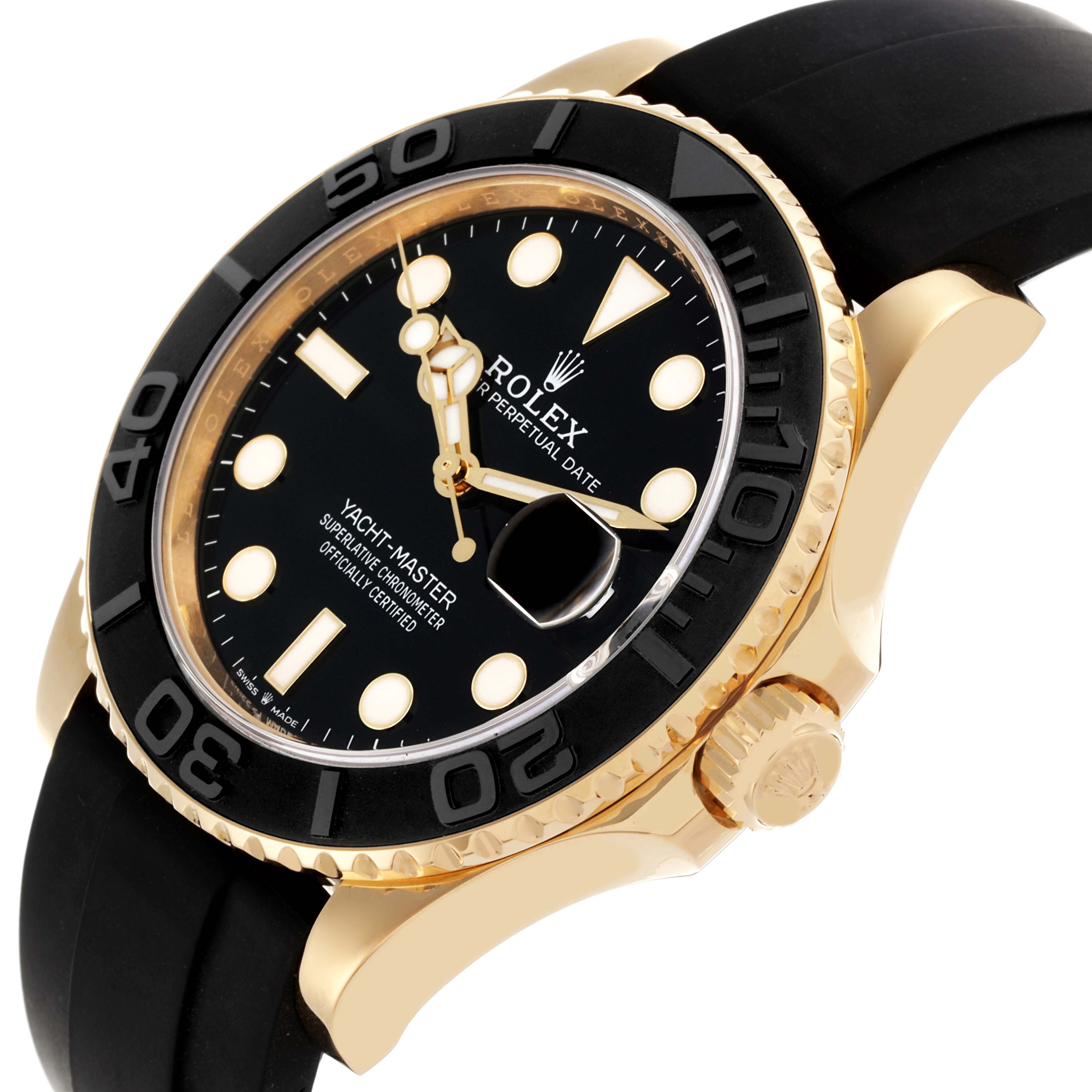 The Rolex Yacht-Master 226658 Men's Yellow Gold Black Dial 226658 Men's Yellow Gold Black Dial watch is shown at an angle highlighting the face, bezel, crown, and part of the strap.