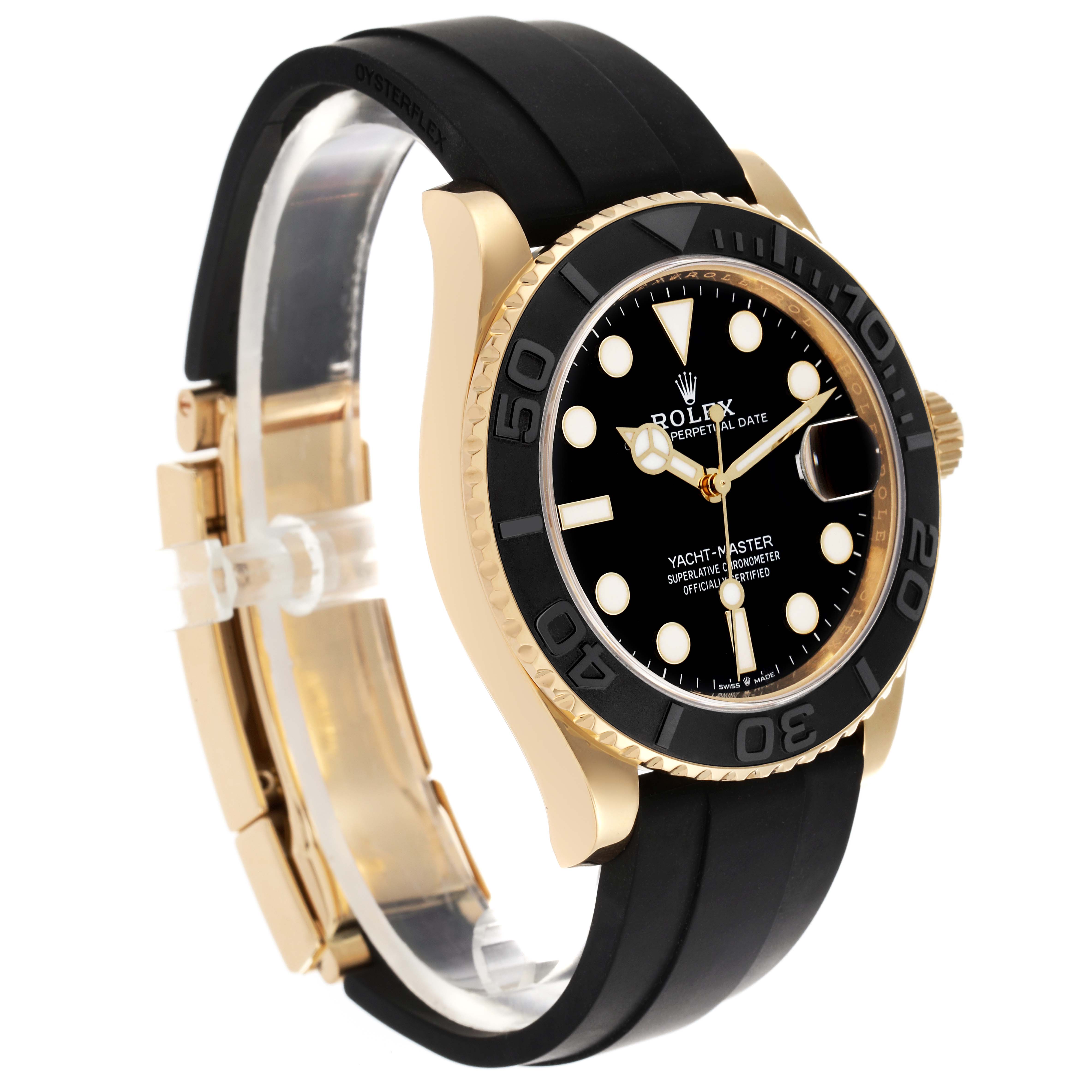 The Rolex Yacht-Master 226658 Men's Yellow Gold Black Dial 226658 Men's Yellow Gold Black Dial is shown at a side angle, displaying the face, bezel, case, and strap.