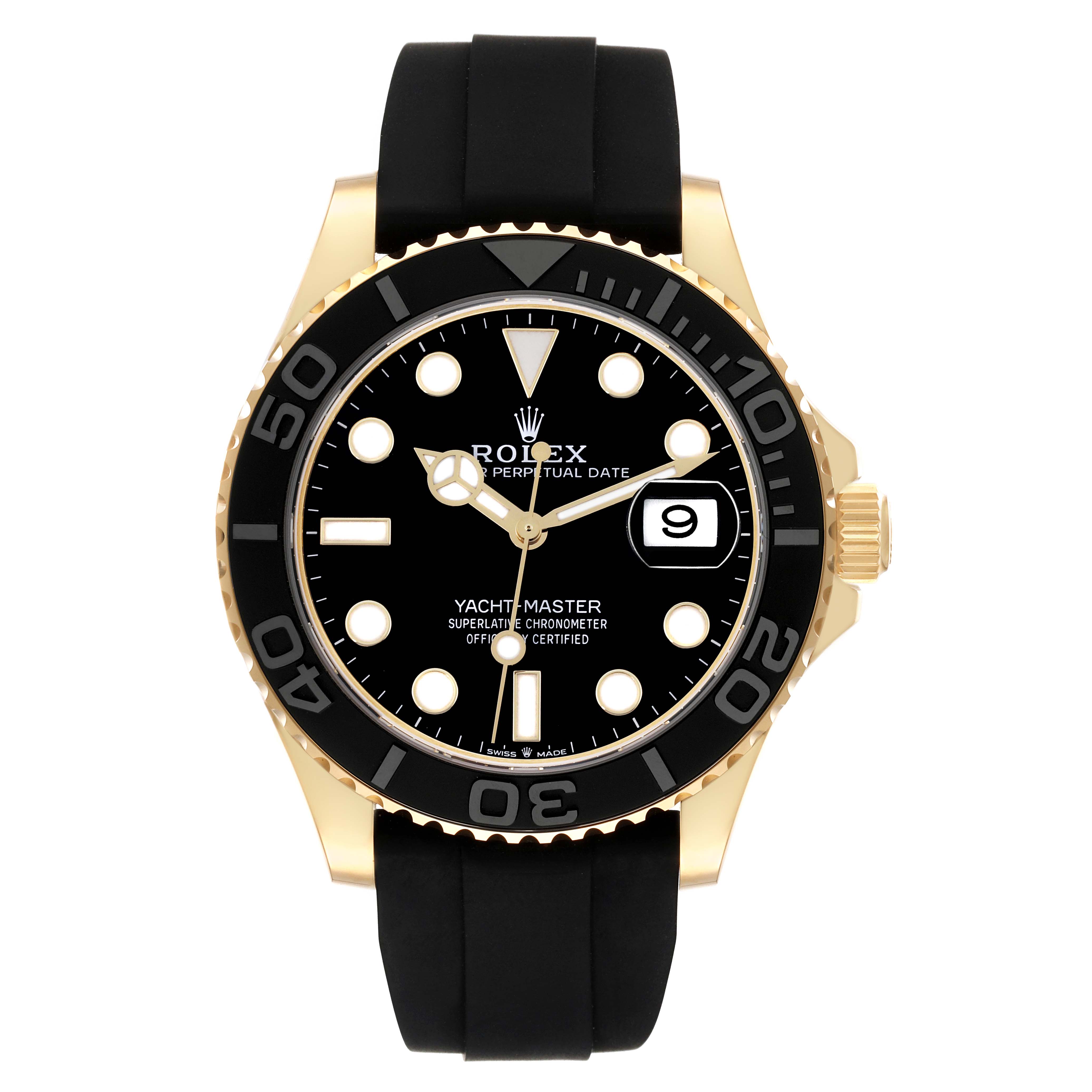 The image shows a front view of the Rolex Yacht-Master 226658 Men's Yellow Gold Black Dial 226658 Men's Yellow Gold Black Dial, displaying the dial, bezel, and bracelet.