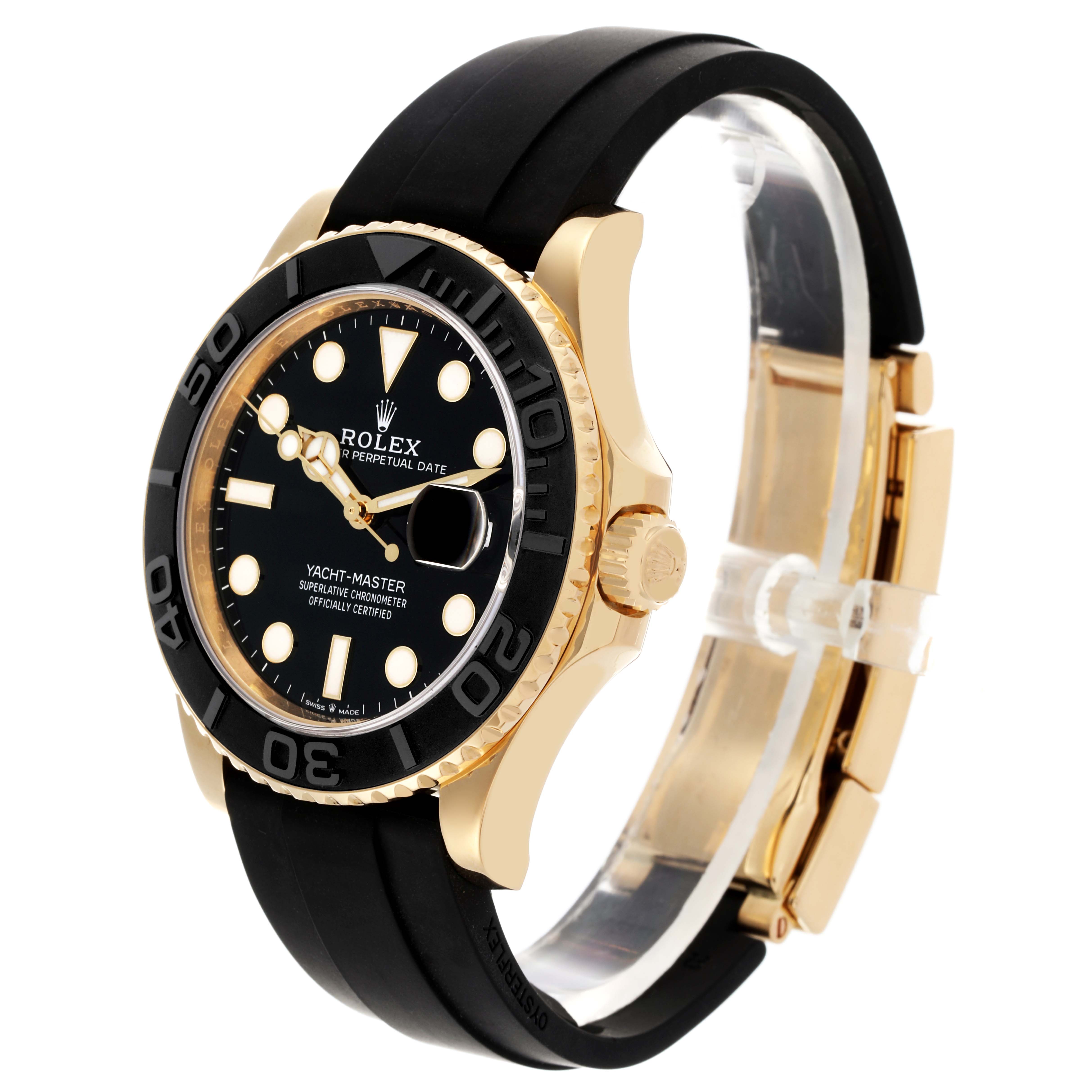 The Rolex Yacht-Master 226658 Men's Yellow Gold Black Dial 226658 Men's Yellow Gold Black Dial watch is shown at a three-quarter angle, highlighting the face, bezel, crown, and part of the strap.