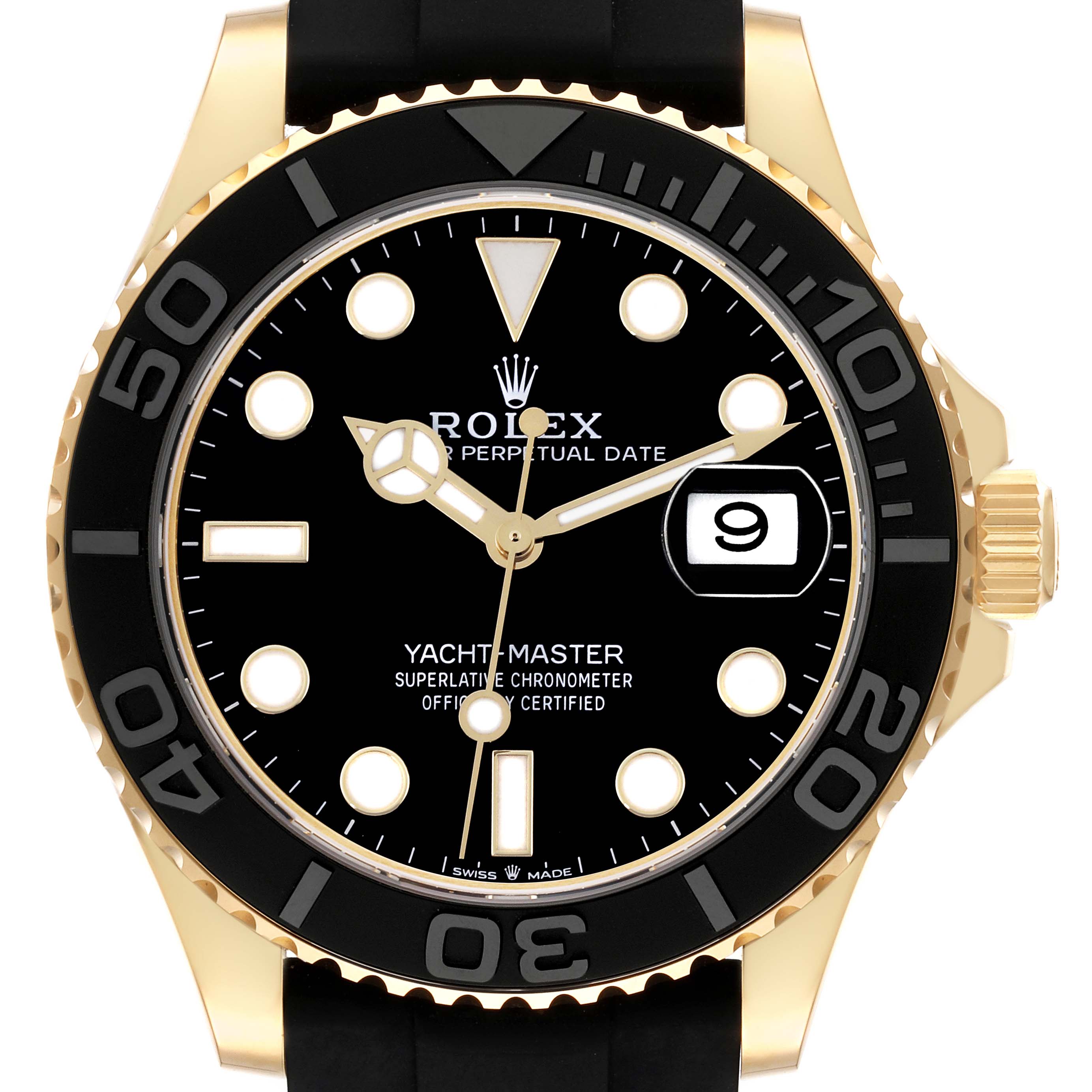 The Rolex Yacht-Master 226658 Men's Yellow Gold Black Dial 226658 Men's Yellow Gold Black Dial watch is shown from the front, displaying the face, bezel, crown, and part of the strap.