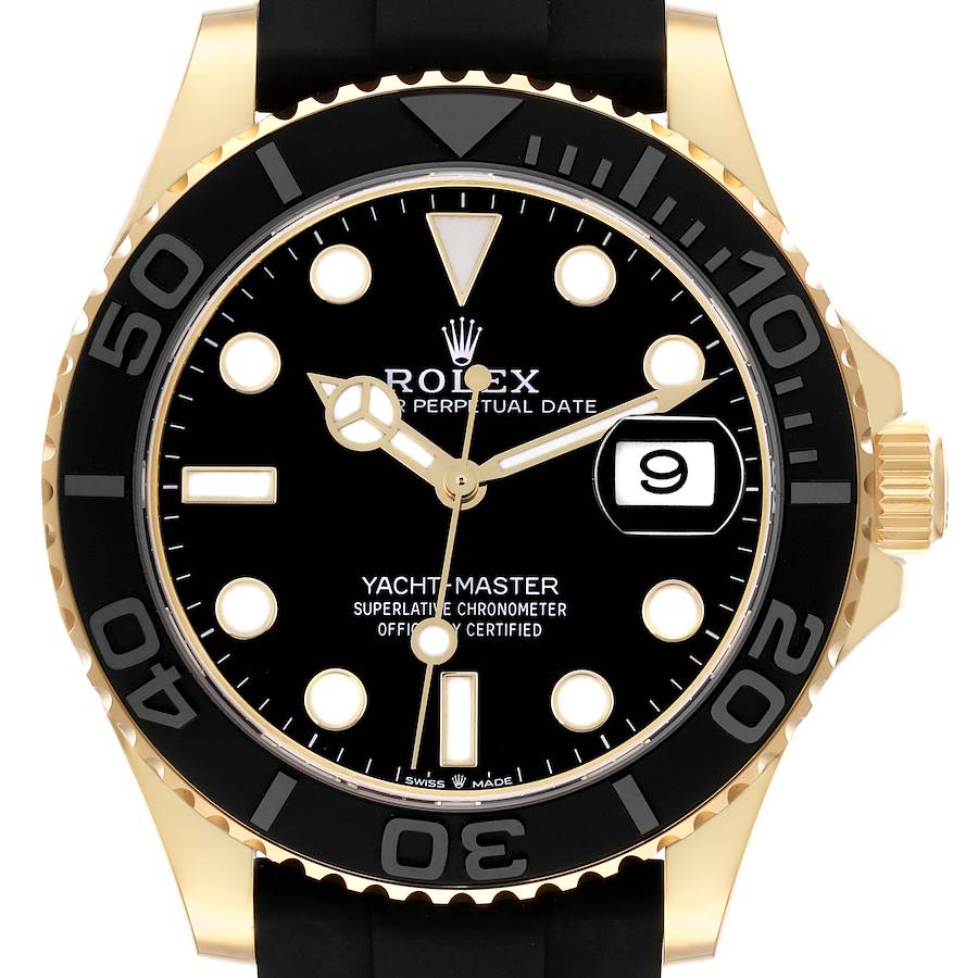 The Rolex Yacht-Master watch is shown from the front, displaying the face, bezel, crown, and part of the strap.