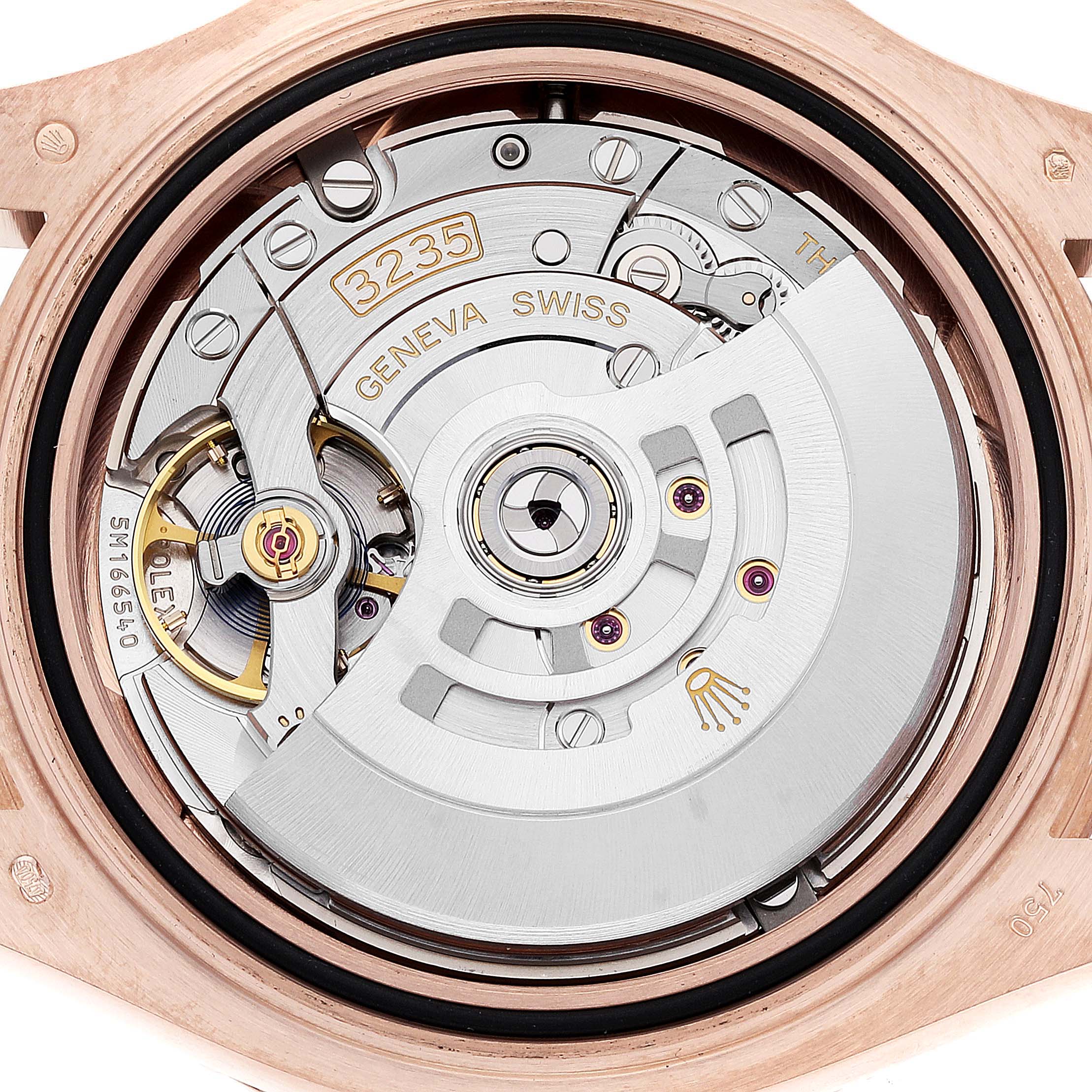 This image shows the movement and internal mechanism of a Rolex Yacht-Master 126655 Men's Rose Gold Black Dial 126655 Men's Rose Gold Black Dial watch from a rear angle.