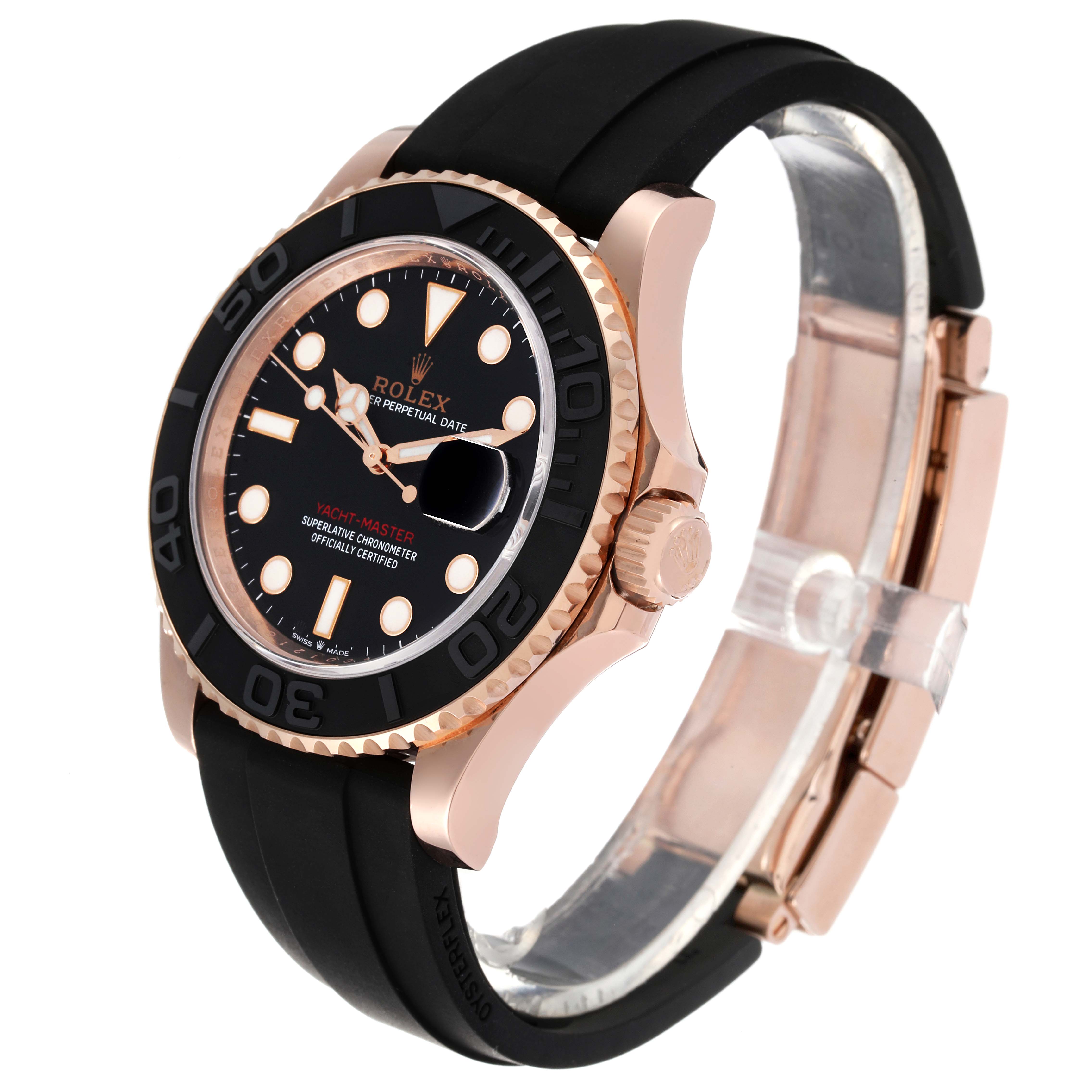 The image shows a Rolex Yacht-Master 126655 Men's Rose Gold Black Dial 126655 Men's Rose Gold Black Dial watch angled slightly to the right, featuring the bezel, crown, dial, and strap.