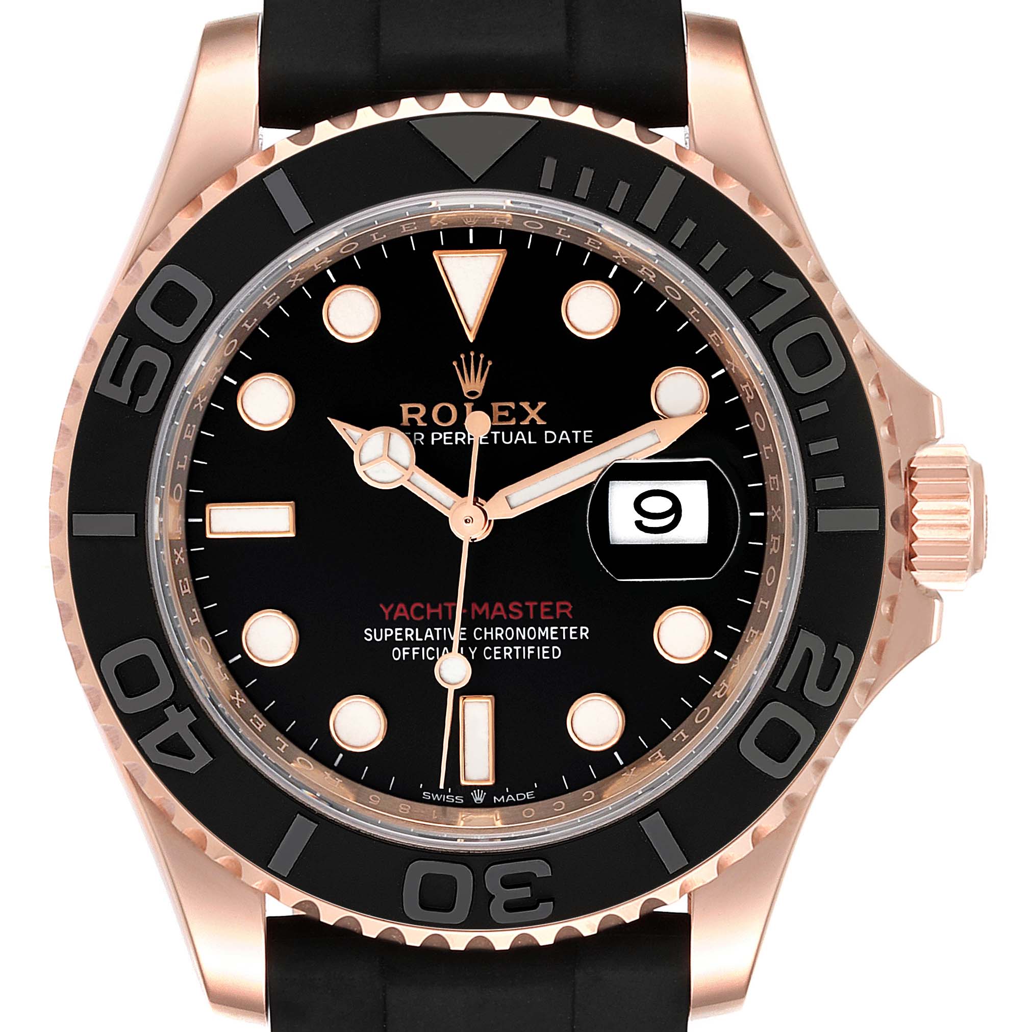 This image shows the face and bezel of a Rolex Yacht-Master 126655 Men's Rose Gold Black Dial 126655 Men's Rose Gold Black Dial watch in a front-facing angle.