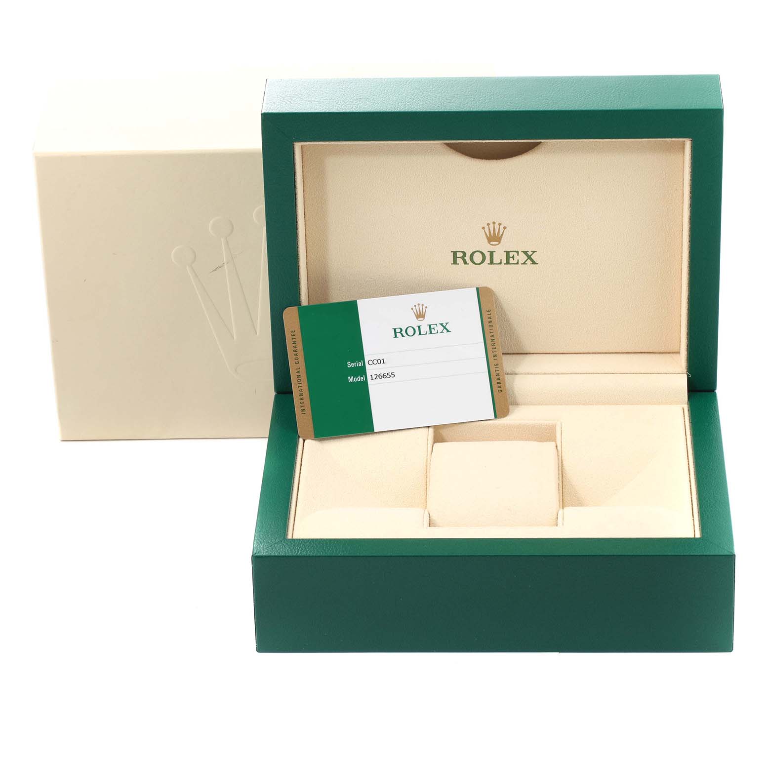 The image shows a green Rolex Yacht-Master 126655 Men's Rose Gold Black Dial 126655 Men's Rose Gold Black Dial watch box and warranty card with model 126655 visible.