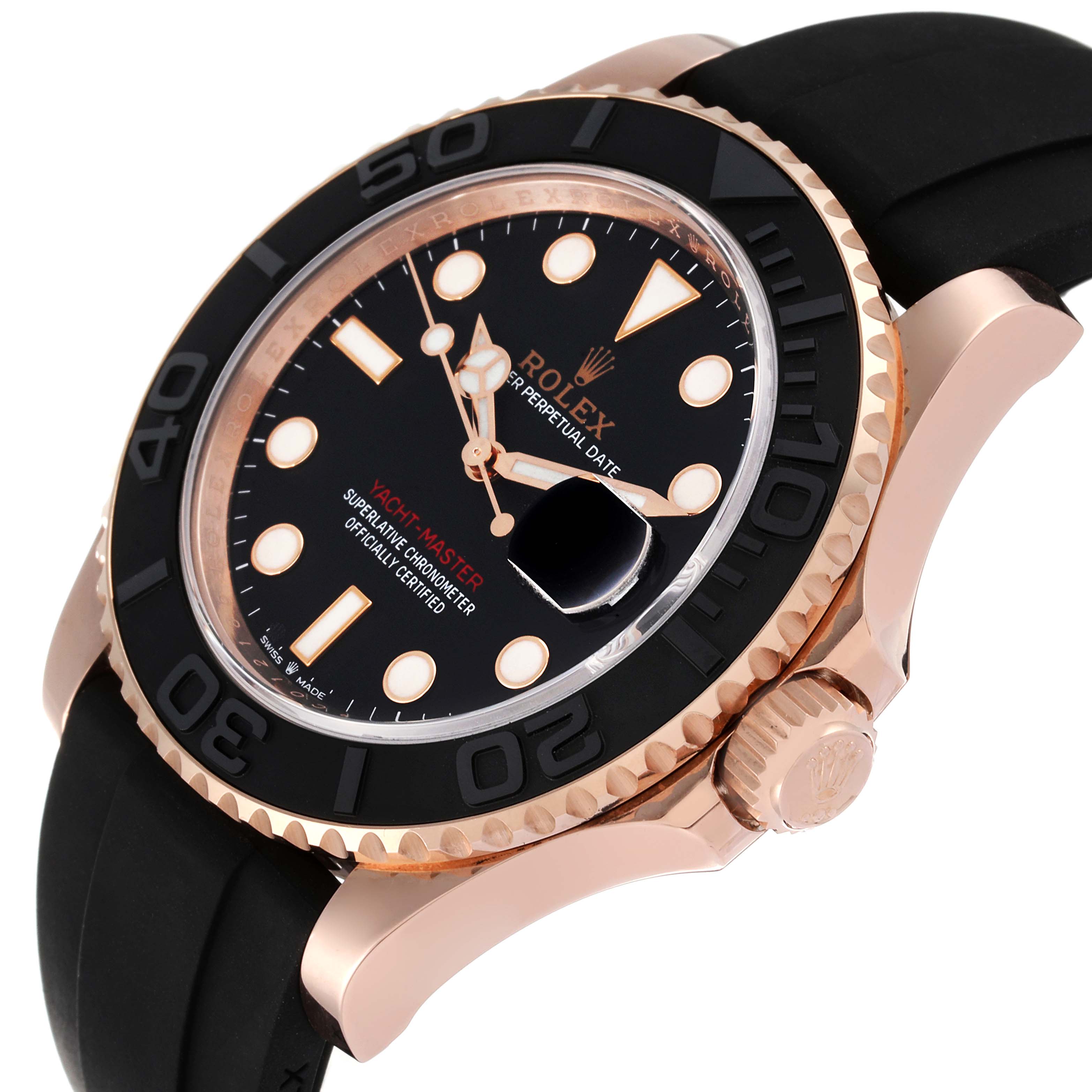 This image shows a side angle of the Rolex Yacht-Master 126655 Men's Rose Gold Black Dial 126655 Men's Rose Gold Black Dial watch, highlighting its black dial, bezel, crown, and rubber strap.