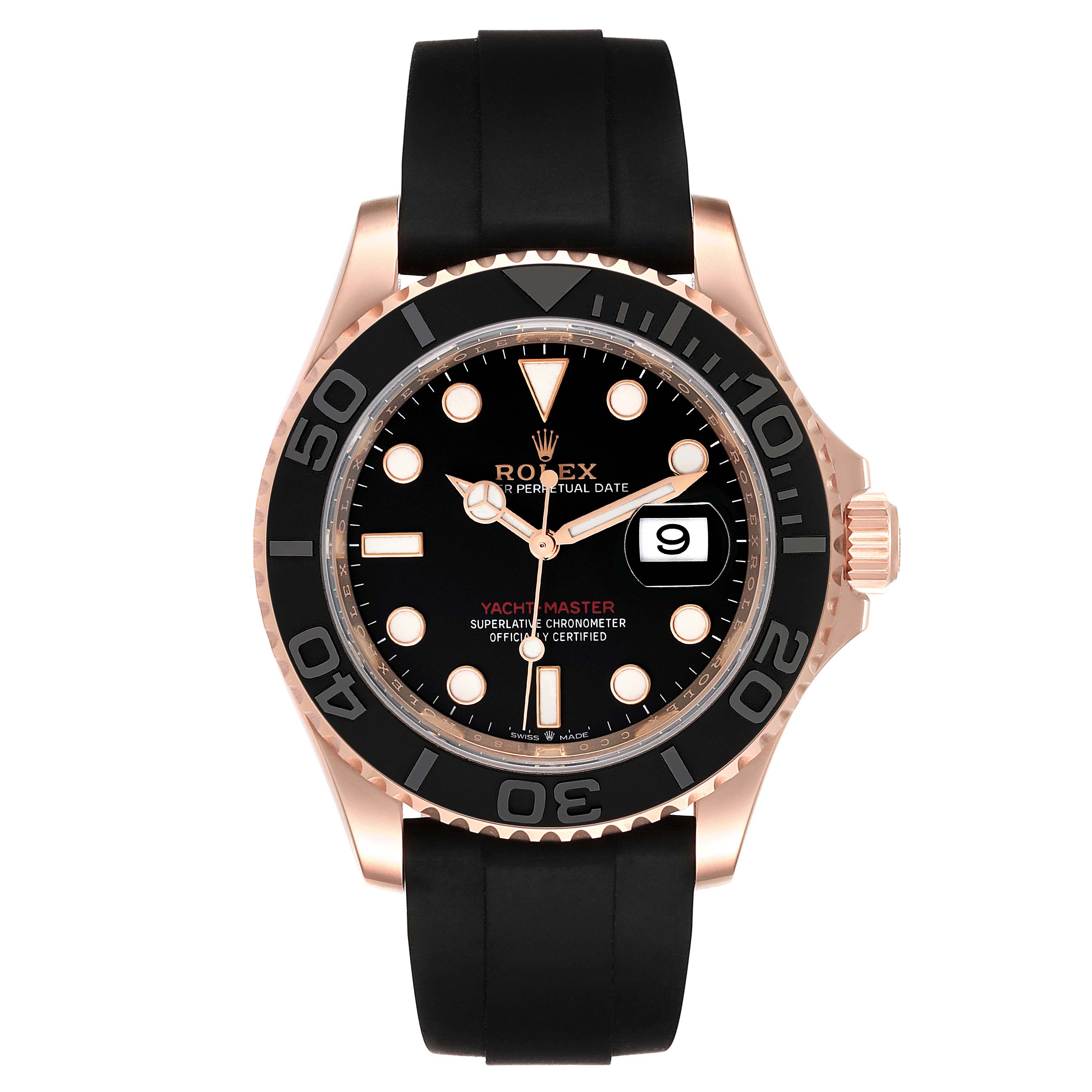 This image shows a front view of the Rolex Yacht-Master 126655 Men's Rose Gold Black Dial 126655 Men's Rose Gold Black Dial watch, displaying its face, bezel, and strap.