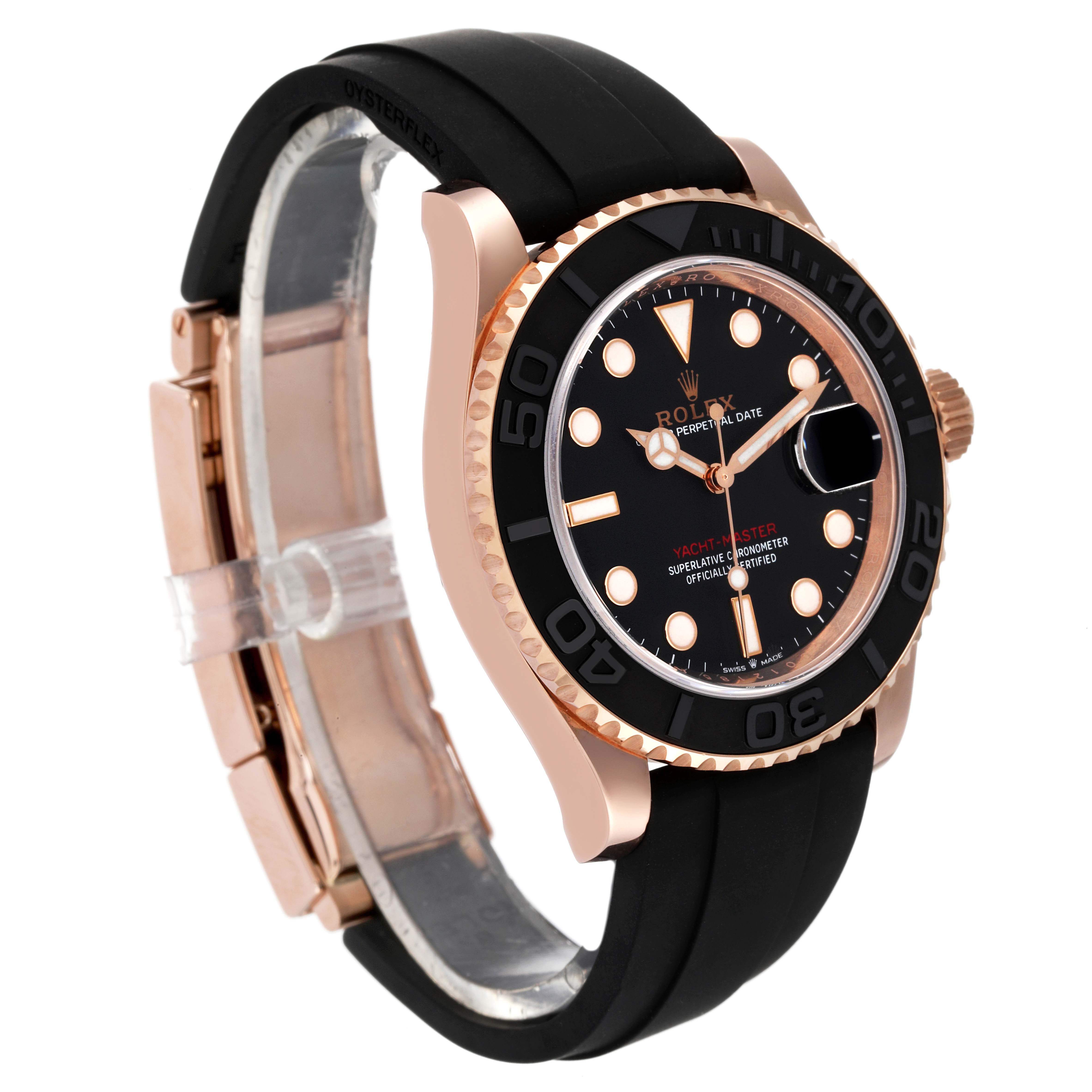 This image shows a Rolex Yacht-Master 126655 Men's Rose Gold Black Dial 126655 Men's Rose Gold Black Dial watch at a side angle, highlighting its rose gold case, black dial, and rubber strap.